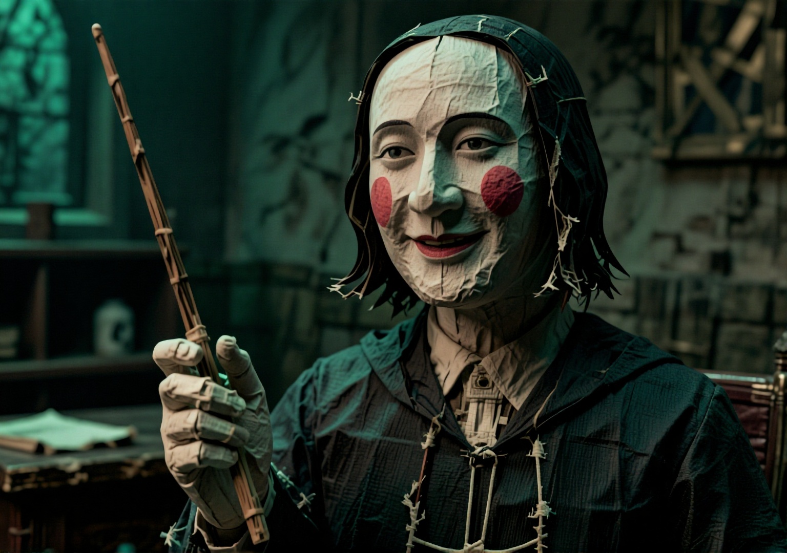 纸扎人偶. Medium Shot. Snape,  magic college robe frayed,  wand broken on Tensor.Art