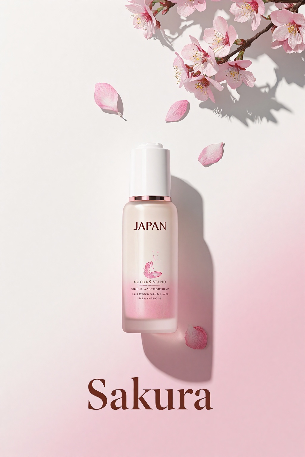 Product photography,  skin care essence bottle with cherry blossom petals floating in the air,  background with a white an...