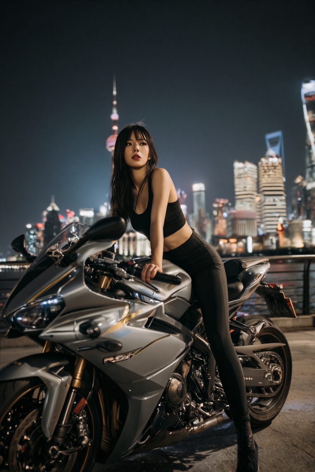 夜幕降临,  上海的天际线在远处熠熠生辉,  东方明珠塔与陆家嘴的摩天大楼群在黑暗中闪烁着温暖而冷峻的光芒 on Tensor.Art