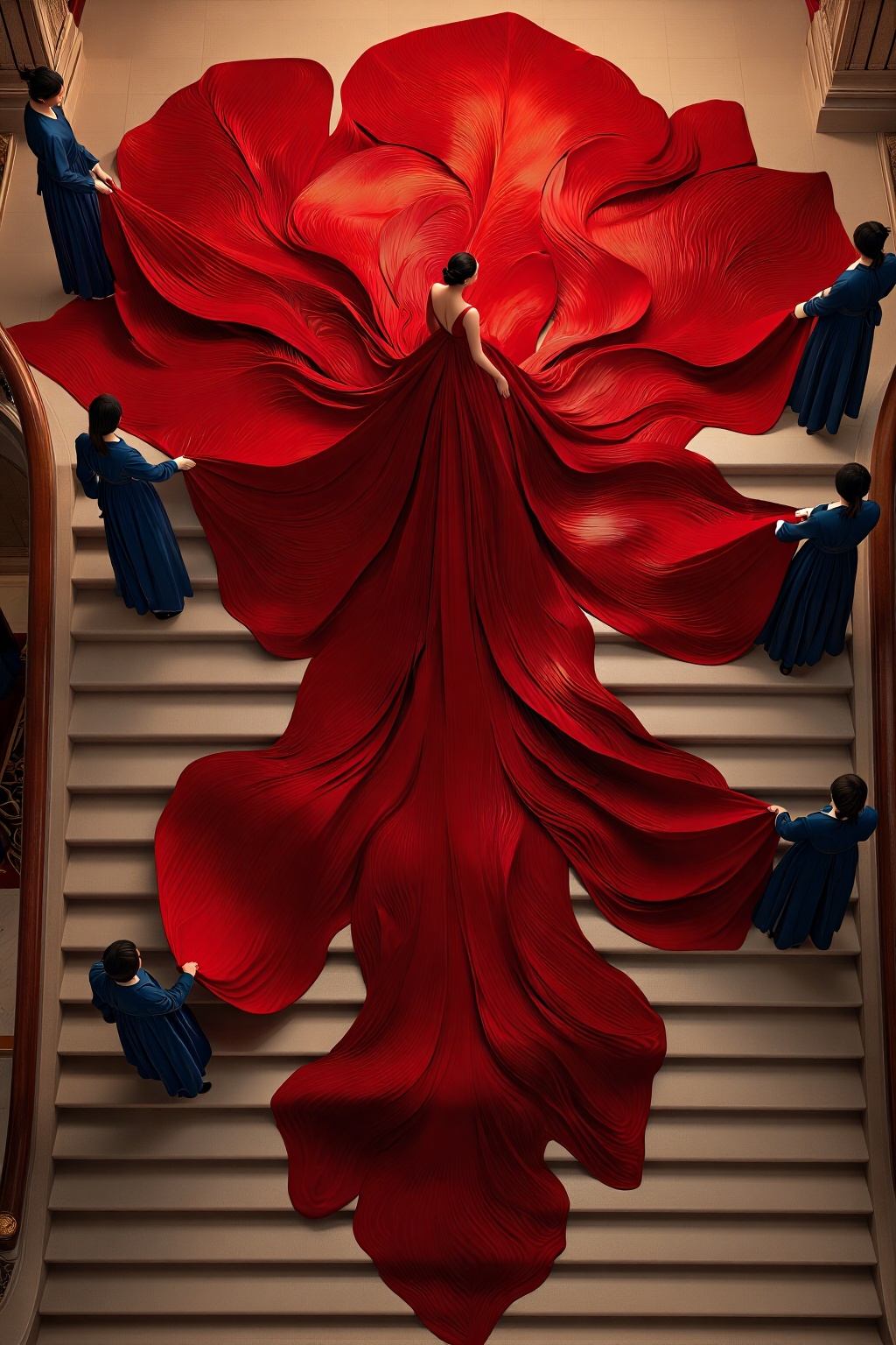 generate A dramatic top-down,  slightly elevated cinematic shot of a grand staircase inside a luxurious,  classical interi...