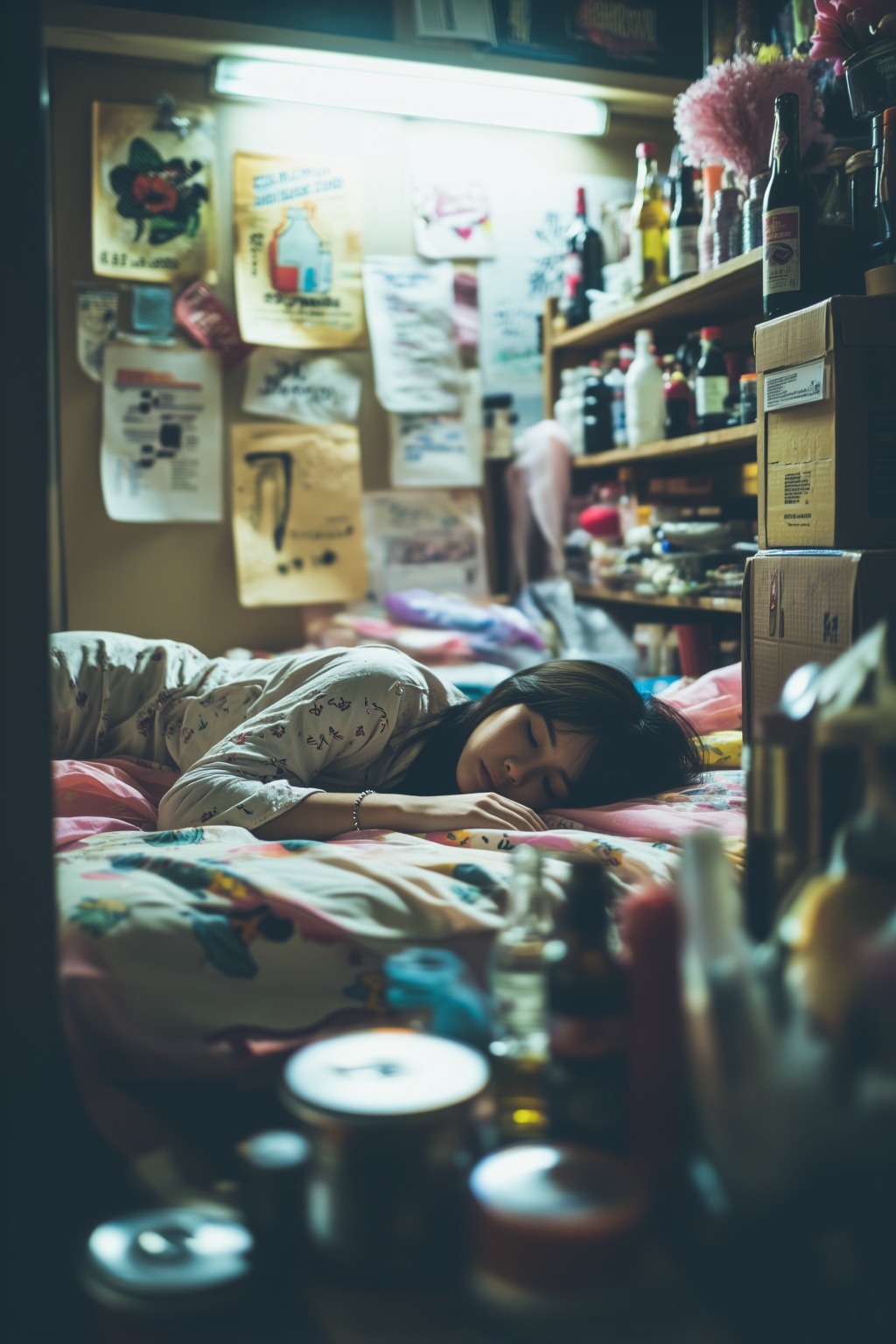 一位年轻女性侧卧在铺有碎花床单的床上,  双眼闭合,  神情安详 on Tensor.Art