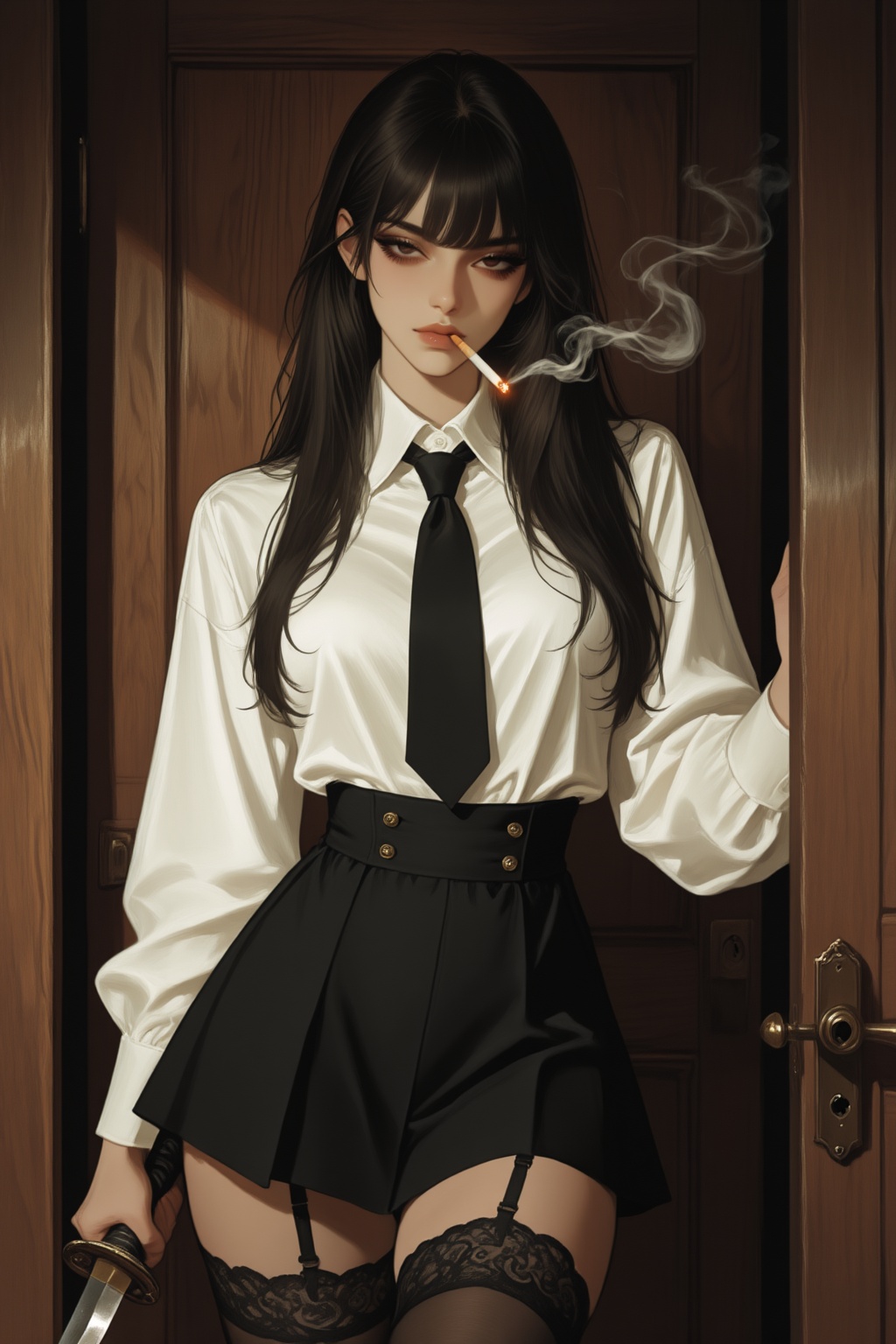 一位年轻女性立于深色木门框内,  身体微侧向右,  左脚稍前、右脚略后呈自然站姿 on Tensor.Art