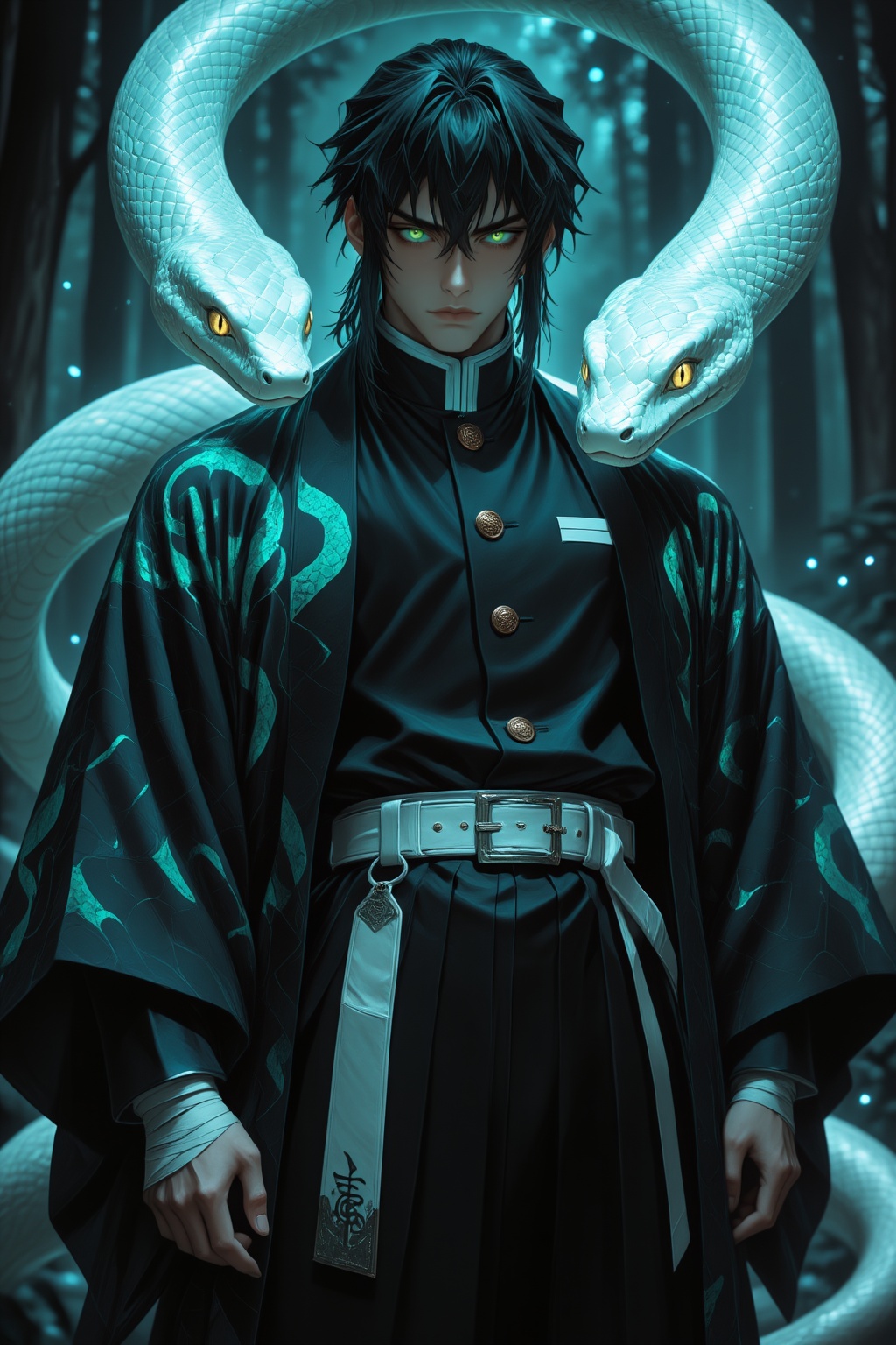 一个青年男性正面站立,  黑色中长发微乱垂落额前,  眉骨高挑 on Tensor.Art