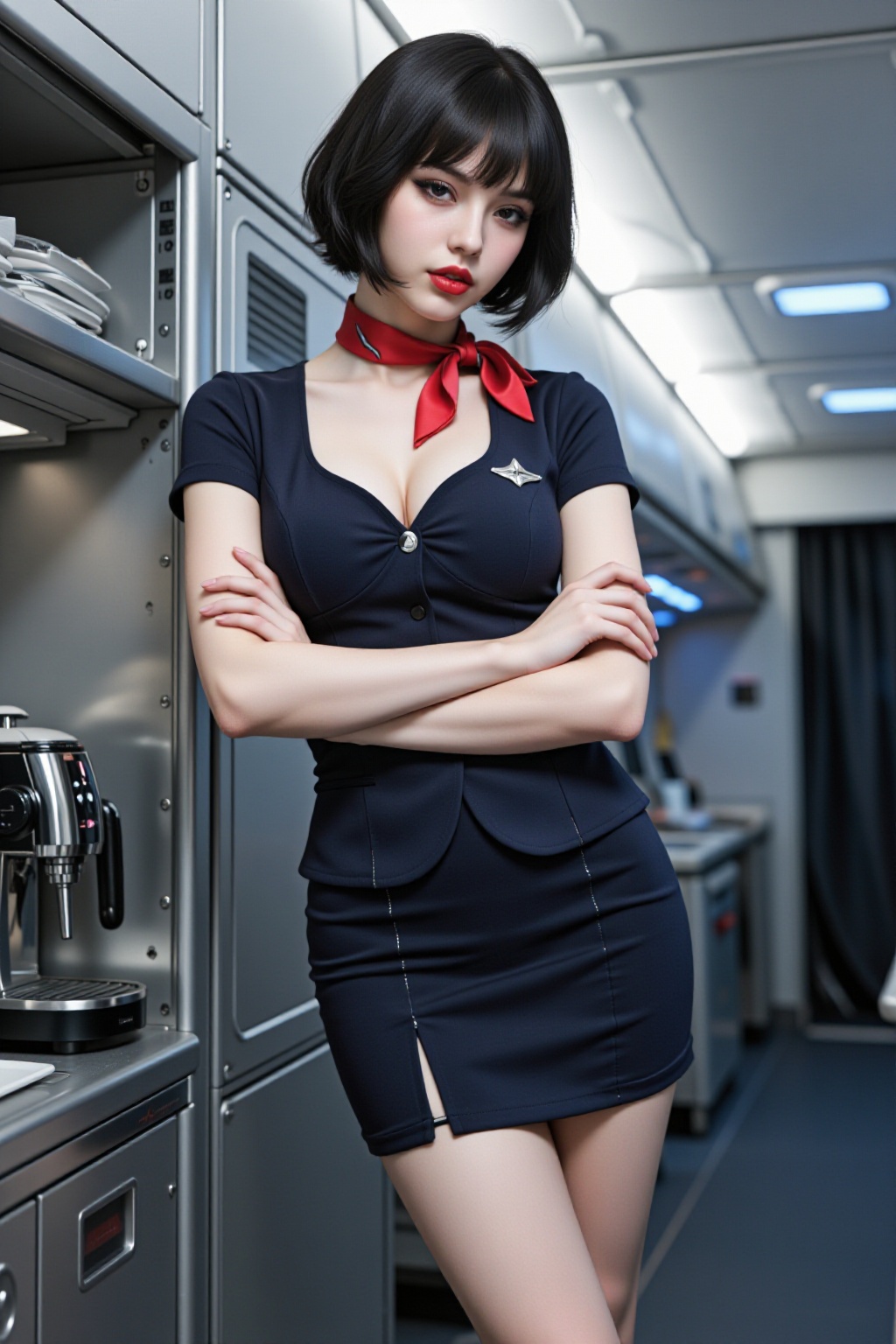 A hyper-realistic,  cinematic medium shot of a 24-year-old French stewardess named Elodie inside the galley of an Airbus A...