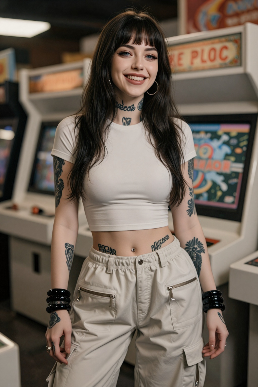 a beautiful young woman with grey eyes,  she is standing inside an arcade,  happy on Tensor.Art