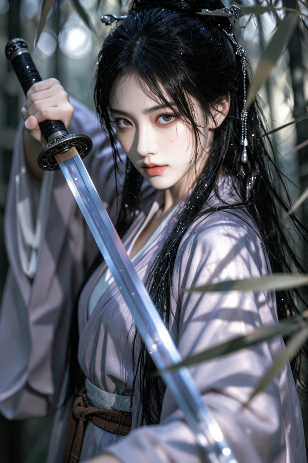 一位年轻古风女子立于幽深竹林中,  湿漉漉的乌黑长发垂落肩头,  发间簪着银质步摇与细链流苏耳坠 on Tensor.Art