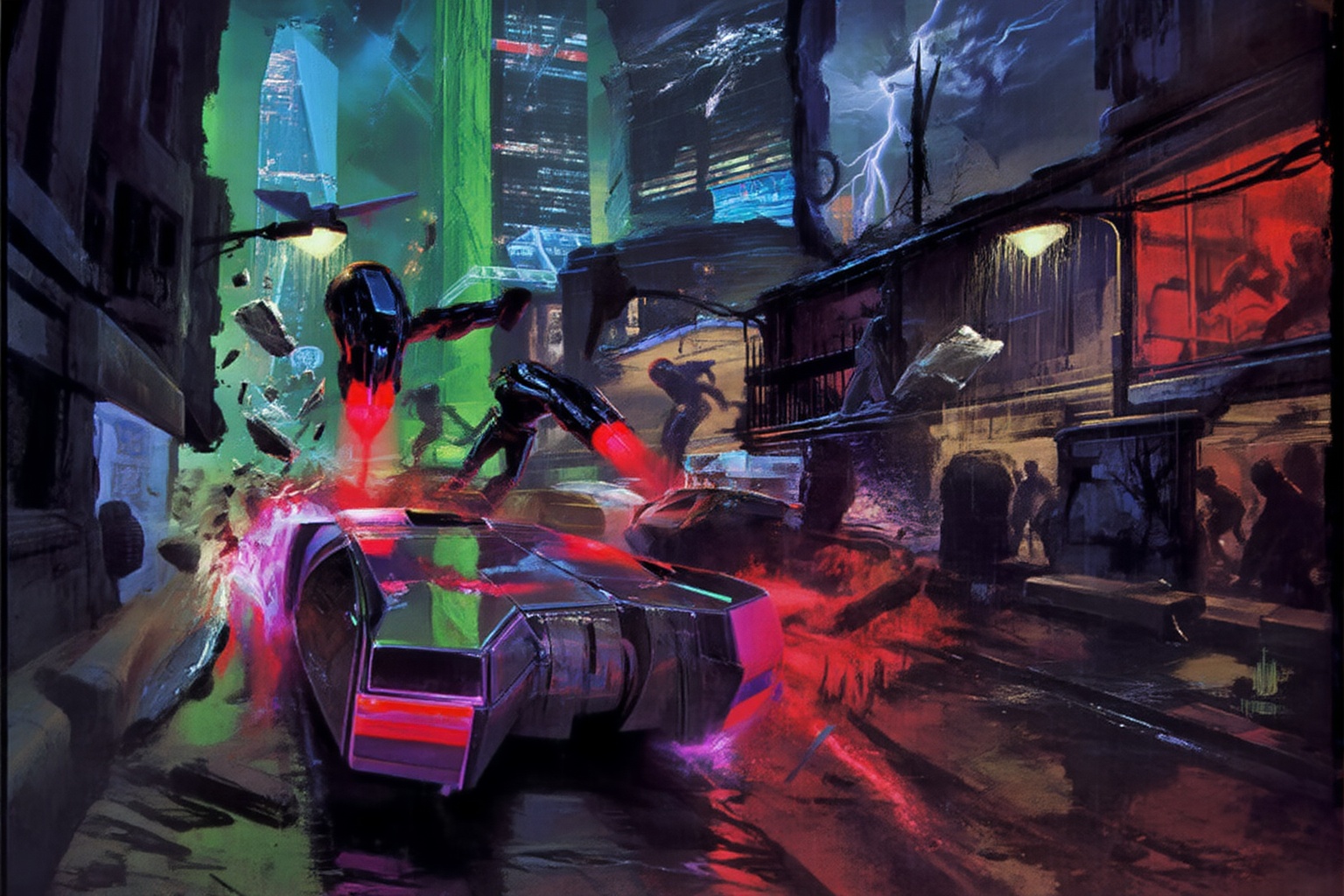 sydmead9z25 illustration.  
a6blp. A vibrant cyberpunk dystopian cityscape, pulsating with neon reds, electric blues, and sickly greens, clashes against the oppressive darkness of a sprawling urban jungle. Towering skyscrapers loom overhead, their  glass facades glowing with glitching holograms and flickering signs. At street level, chaos erupts: a high-speed chase barrels through rain-soaked alleys, illuminated by the erratic glow of broken streetlights and hovering drones. The angular, armored vehicle in the foreground skids around a street, its glossy surface reflecting bursts of neon light. Its rear leaves streaks of red and violet energy in its wake, creating a haunting contrast against the shadows. Behind, ominous enforcement units hover--sleek, black machines emitting piercing red searchlights, their mechanical hums pulsing like a heartbeat of dread. Shattered glass and debris float mid-air in surreal slow motion as the chase cuts through the tense, rain-drenched streets. Shadowy figures lurk in the periphery, their distorted silhouettes barely visible in the dim alleyways and balconies, evoking unease. The sky above fractures with streaks of lightning, casting fragmented shadows across the city. The atmosphere is thick with tension, the hum of power lines, and the distant wail of distorted sirens. A story of desperation and relentless pursuit unfolds in a neon-soaked nightmare of confrontation and defiance.best quality,color contrast,cinematic,highres,glow,sharp focus,clear,long exposure,