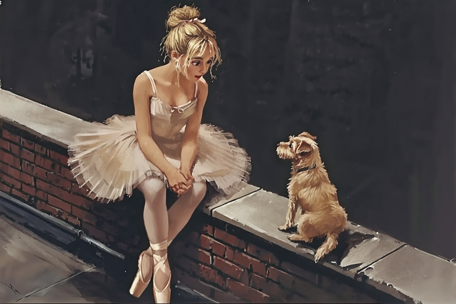 sydmead9z25 illustration.  
High-angle view of a young woman with wispy blonde hair styled in a high, slightly messy ballerina bun secured with a small ribbon, sitting on the  brick ledge of a London rooftop. She is sitting on the left, dressed in a delicate, vintage-style champagne-colored ballet tutu with thin straps and a layered tulle skirt, paired with matching satin pointe shoes and ribbons crisscrossing her ankles. Her posture is poised yet relaxed, sitting with her legs dangling over the edge and her hands gently clasped in her lap, as she gazes with a curious and gentle expression at a small, scruffy tan terrier dog sitting directly across from her on the right. The dog has shaggy fur and sits upright, looking back at her with an alert and friendly demeanor. 