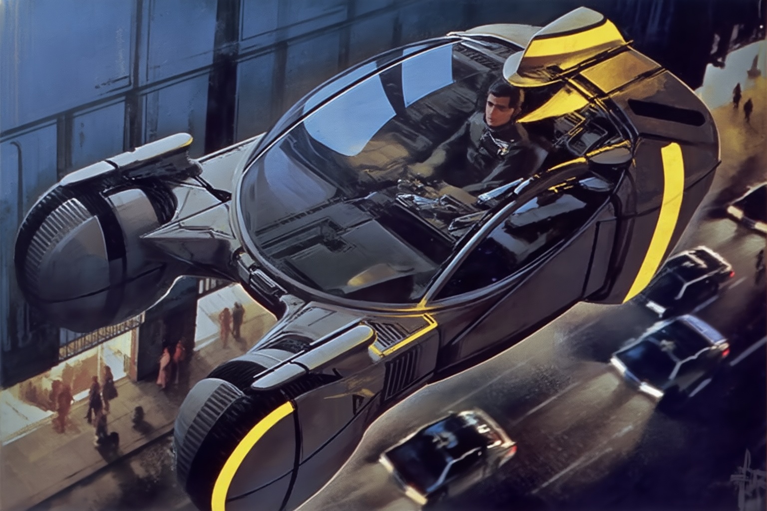 sydmead9z25 illustration.  
High angle view of a spinner, a futuristic flying vehicle from the world of Blade Runner. The vehicle has two circular landing gears in the front and a transparent bubble canopy hovers over a city street. Inside the cockpit, a man with short dark hair, dressed in a dark uniform, sits facing forward with a neutral expression. Glowing yellow strips detail the exterior of the craft, highlighting the edges of the frontal landing gears and a rear fin. Below the vehicle, several pedestrians walk along a sidewalk near a building. A dark road with parked cars stretches underneath the hovering craft. The scene is set in a dimly lit urban environment under a blue-grey sky, with light reflecting off the glass of the vehicle's canopy. The camera angle is from an elevated position, looking down at the vehicle as it glides through the air above the street.