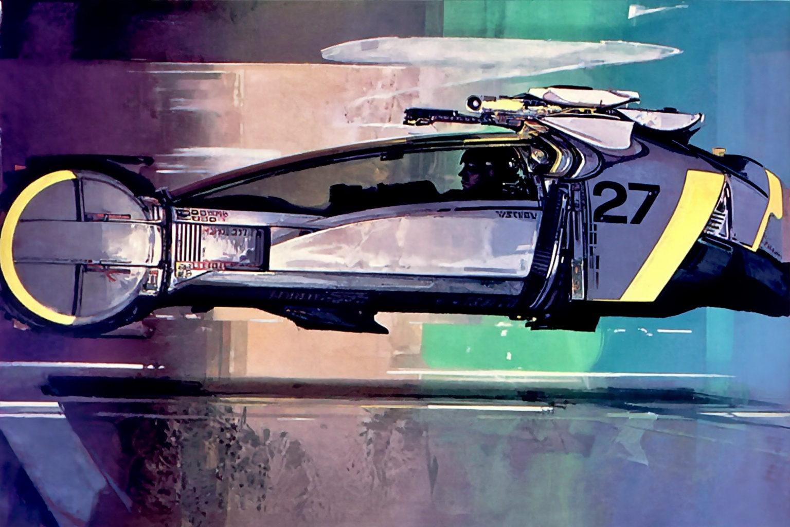 sydmead9z25 illustration.  
A spinner, a sleek, futuristic flying vehicle from the world of Blade Runner, with a long, aerodynamic profile is positioned horizontally across the frame, viewed from a side profile. The craft's body is accented with curved yellow stripes and a large black numerical marking "27" on its rear section. A person with dark hair is visible through the long, dark-tinted glass of the cockpit, though their facial features are obscured. Various mechanical components and small alphanumeric markings are distributed along the vehicle's side. At the front, a large circular landing gear with a yellow glowing ring is integrated into the design. The vehicle hovers just above a reflective surface that mirrors the abstract background. This background consists of blurred vertical and horizontal shapes in shades of purple, teal, and beige, suggesting a high-speed environment.
