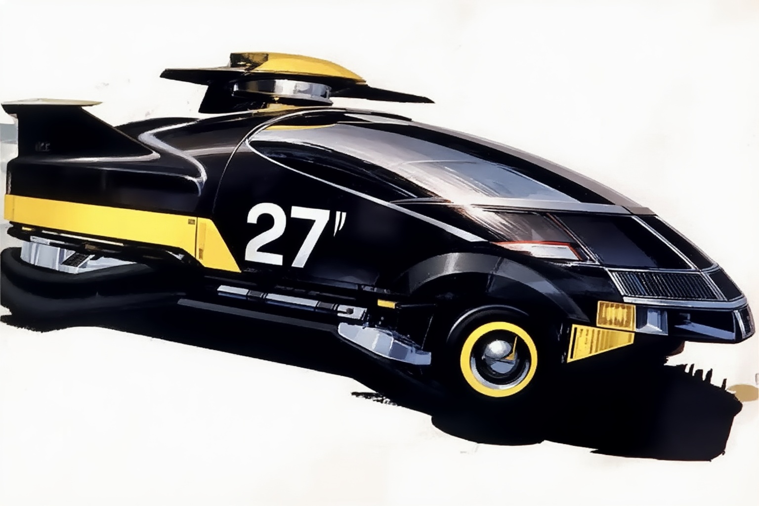sydmead9z25 illustration.  
Futuristic, sleek, and aerodynamic hovercrafts. The hovercrafts, labeled with the number "27, " features a futuristic design with a streamlined body and advanced aerodynamic features. The vehicle is predominantly black with yellow accents, including a bright yellow stripe running along the side and a yellow rim around the front wheel. The cockpit area is enclosed with a large, curved windshield, and the body has a metallic sheen, suggesting advanced materials and technology. 