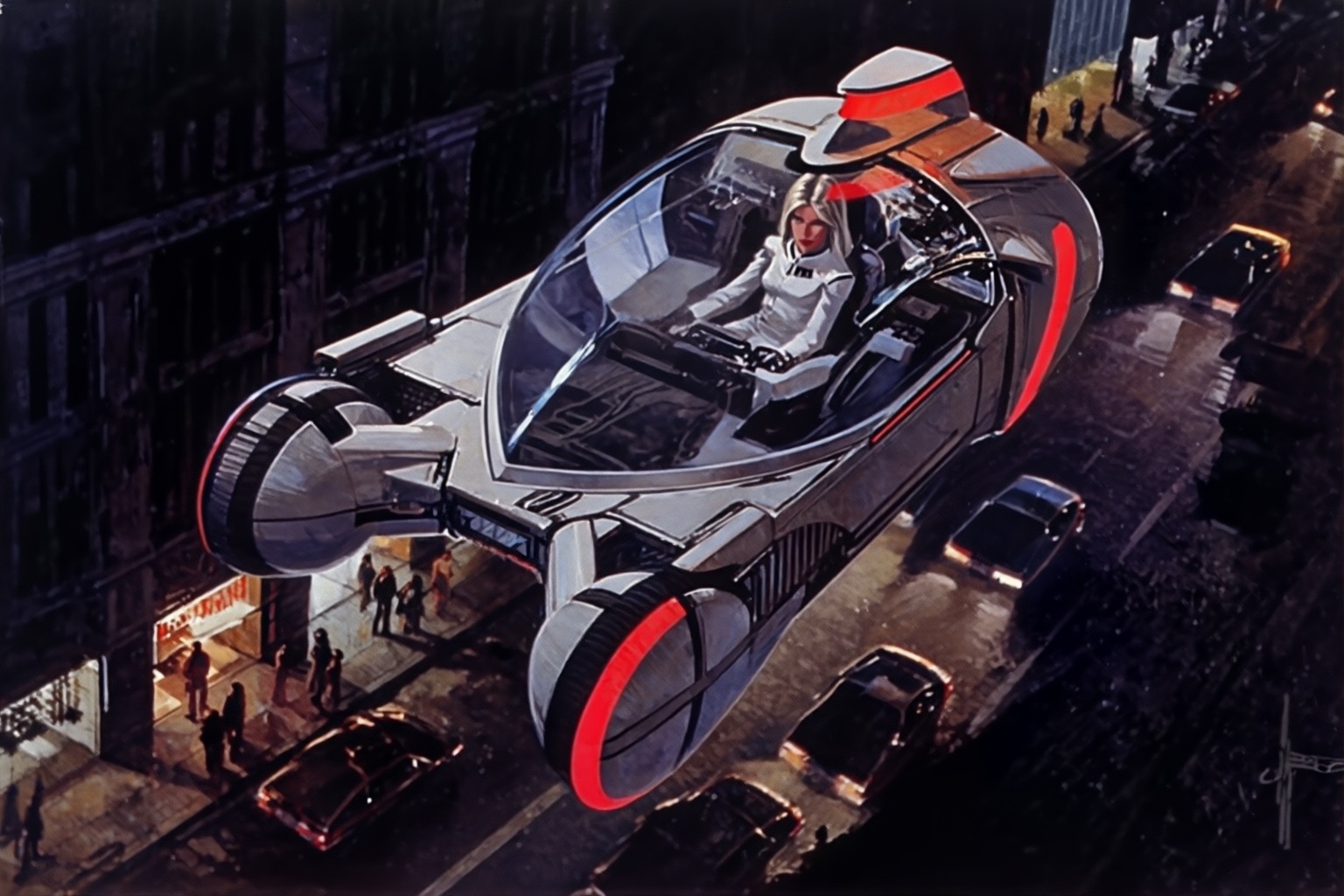 sydmead9z25 illustration.  
High angle view of a spinner, a futuristic flying vehicle from the world of Blade Runner. The vehicle has two circular landing gears in the front and a transparent bubble canopy hovers over a city street. Inside the cockpit, a woman with long blonde hair, dressed in a white uniform, sits facing forward with a neutral expression. Glowing red strips detail the exterior of the craft, highlighting the edges of the frontal landing gears and a rear fin. Below the vehicle, several pedestrians walk along a sidewalk near a building. A dark road with parked cars stretches underneath the hovering craft.