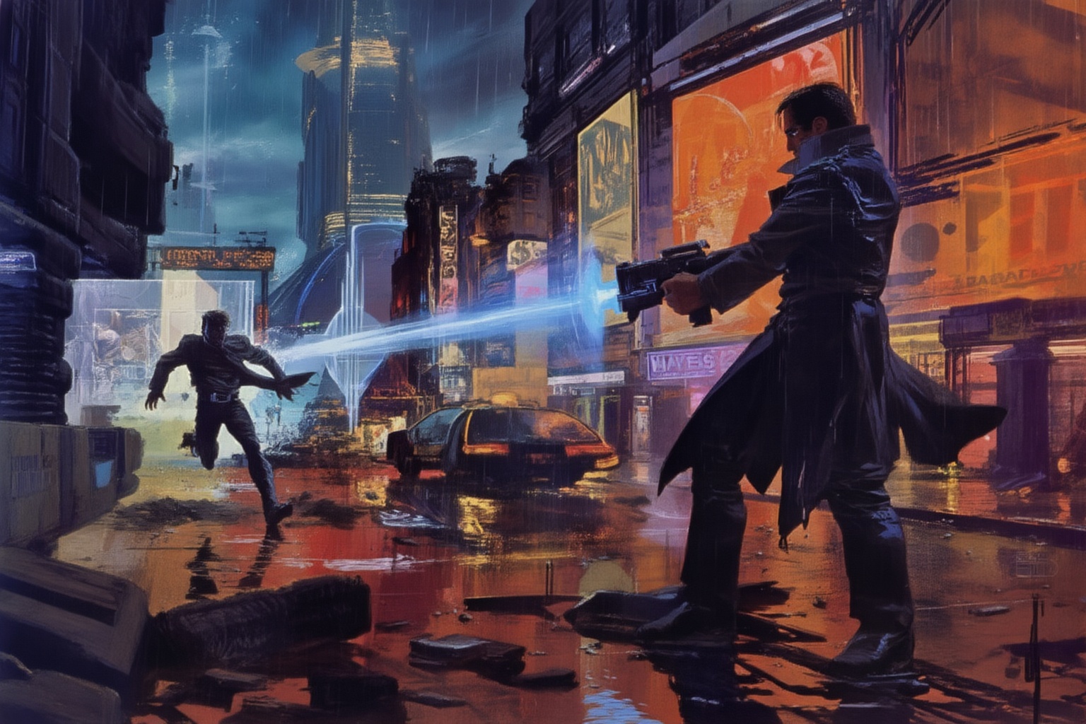 sydmead9z25 illustration.  
A dramatic and intense scene depicting a male Blade Runner standing resolutely on a rain-slick urban street, illuminated by the glow of neon lights from towering buildings. The subject, clad in a long, dark trench coat that billows slightly in the wind, holds a high-tech firearm in a steady grip, discharging a vivid, blue-tinged energy blast. In the distance, a man is captured mid-sprint, his silhouette framed by the light of the weapon's energy bolt as it streaks toward him. The fleeing figure's posture is desperate, his coat trailing behind him as he tries to escape. The ground is wet, reflecting the vibrant colors of the cityscape, with scattered debris adding to the gritty, dystopian atmosphere. The sky above is dark and foreboding, with rain falling heavily, while holographic advertisements and the glow of a towering megastructure loom in the background, encapsulating the cyberpunk aesthetic of a high-stakes chase in a futuristic metropolis