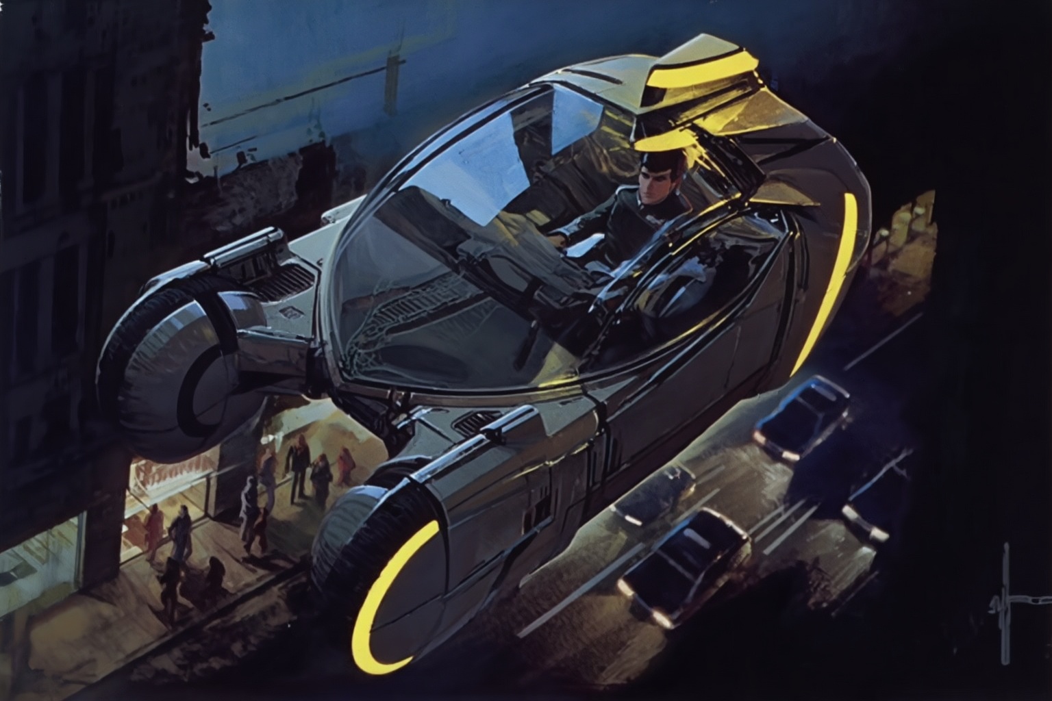 sydmead9z25 illustration.  
High angle view of a spinner, a futuristic flying vehicle from the world of Blade Runner. The vehicle has two circular landing gears in the front and a transparent bubble canopy hovers over a city street. Inside the cockpit, a man with short dark hair, dressed in a dark uniform, sits facing forward with a neutral expression. Glowing yellow strips detail the exterior of the craft, highlighting the edges of the frontal landing gears and a rear fin. Below the vehicle, several pedestrians walk along a sidewalk near a building. A dark road with parked cars stretches underneath the hovering craft. The scene is set in a dimly lit urban environment under a blue-grey sky, with light reflecting off the glass of the vehicle's canopy. The camera angle is from an elevated position, looking down at the vehicle as it glides through the air above the street.
