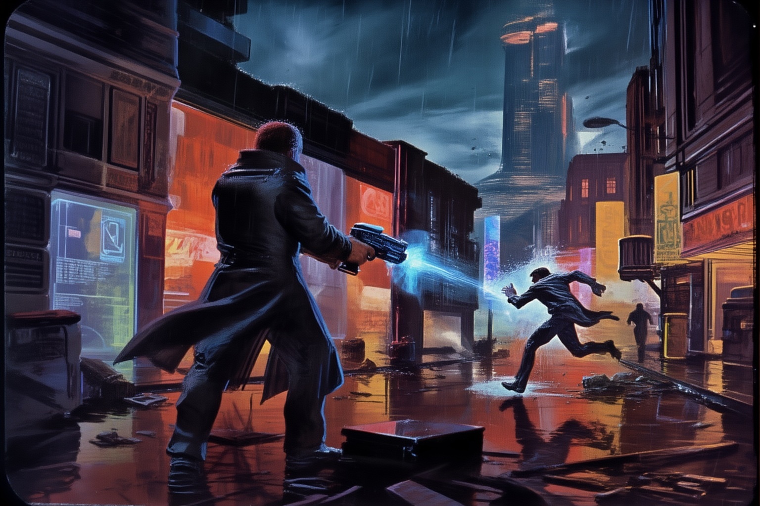 sydmead9z20 illustration.  
A dramatic and intense scene depicting a male Blade Runner standing resolutely on a rain-slick urban street, illuminated by the glow of neon lights from towering buildings. The subject, clad in a long, dark trench coat that billows slightly in the wind, holds a high-tech firearm in a steady grip, discharging a vivid, blue-tinged energy blast. In the distance, a man is captured mid-sprint, his silhouette framed by the light of the weapon's energy bolt as it streaks toward him. The fleeing figure's posture is desperate, his coat trailing behind him as he tries to escape. The ground is wet, reflecting the vibrant colors of the cityscape, with scattered debris adding to the gritty, dystopian atmosphere. The sky above is dark and foreboding, with rain falling heavily, while holographic advertisements and the glow of a towering megastructure loom in the background, encapsulating the cyberpunk aesthetic of a high-stakes chase in a futuristic metropolis