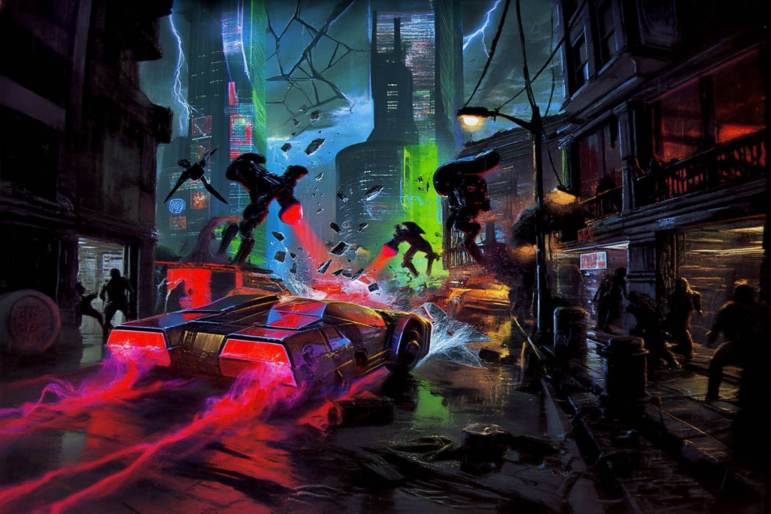 sydmead9z20 illustration.  
a6blp. A vibrant cyberpunk dystopian cityscape, pulsating with neon reds, electric blues, and sickly greens, clashes against the oppressive darkness of a sprawling urban jungle. Towering skyscrapers loom overhead, their  glass facades glowing with glitching holograms and flickering signs. At street level, chaos erupts: a high-speed chase barrels through rain-soaked alleys, illuminated by the erratic glow of broken streetlights and hovering drones. The angular, armored vehicle in the foreground skids around a street, its glossy surface reflecting bursts of neon light. Its rear leaves streaks of red and violet energy in its wake, creating a haunting contrast against the shadows. Behind, ominous enforcement units hover--sleek, black machines emitting piercing red searchlights, their mechanical hums pulsing like a heartbeat of dread. Shattered glass and debris float mid-air in surreal slow motion as the chase cuts through the tense, rain-drenched streets. Shadowy figures lurk in the periphery, their distorted silhouettes barely visible in the dim alleyways and balconies, evoking unease. The sky above fractures with streaks of lightning, casting fragmented shadows across the city. The atmosphere is thick with tension, the hum of power lines, and the distant wail of distorted sirens. A story of desperation and relentless pursuit unfolds in a neon-soaked nightmare of confrontation and defiance.best quality,color contrast,cinematic,highres,glow,sharp focus,clear,long exposure,