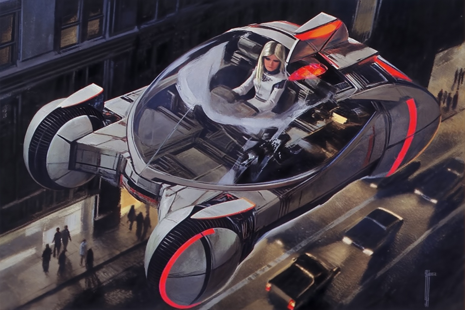 sydmead9z20 illustration.  
High angle view of a spinner, a futuristic flying vehicle from the world of Blade Runner. The vehicle has two circular landing gears in the front and a transparent bubble canopy hovers over a city street. Inside the cockpit, a woman with long blonde hair, dressed in a white uniform, sits facing forward with a neutral expression. Glowing red strips detail the exterior of the craft, highlighting the edges of the frontal landing gears and a rear fin. Below the vehicle, several pedestrians walk along a sidewalk near a building. A dark road with parked cars stretches underneath the hovering craft.