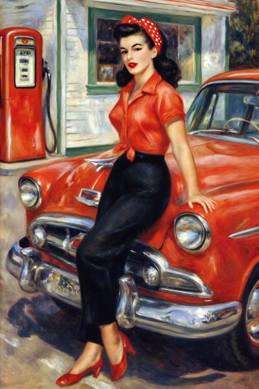 pierreaugusterenoir3z20 painting. Young 1950s woman with a vintage pin-up aesthetic leaning against the front fender of a...