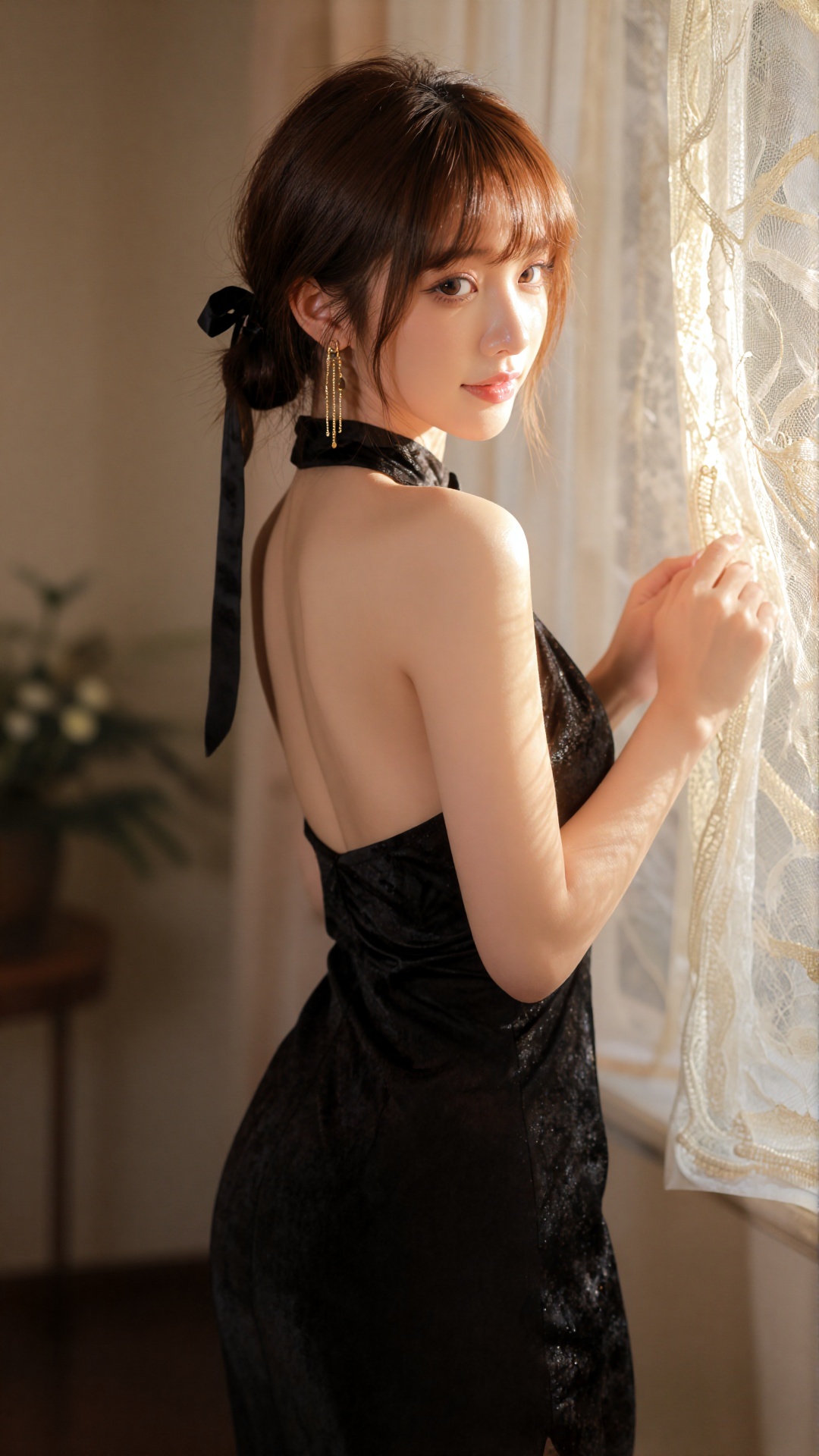 Photograph of a young Asian woman with fair skin and short,  auburn hair styled in a side ponytail with a black ribbon. Sh...