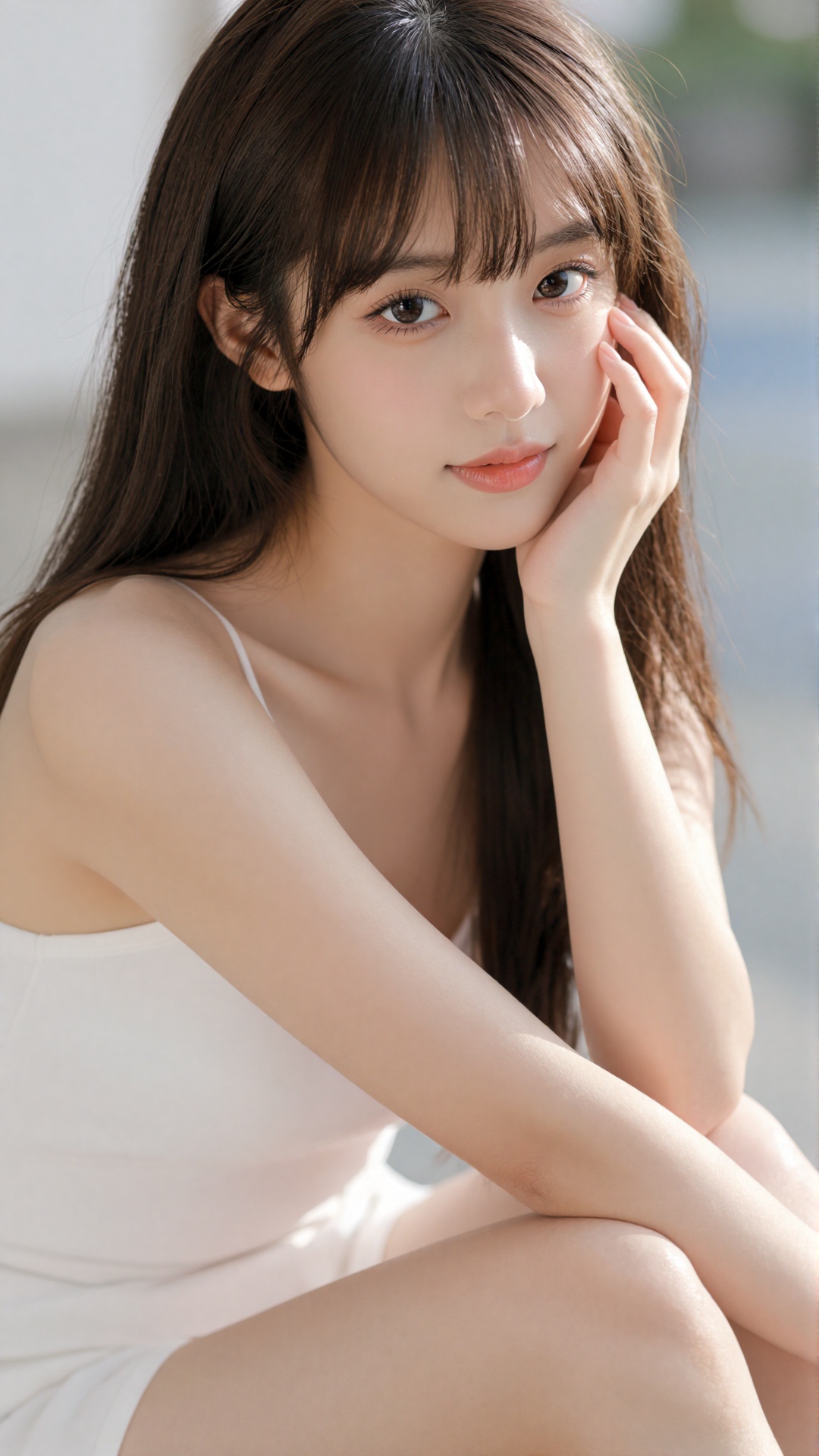 This photograph features a young Asian woman with fair skin and delicate facial features,  posing outdoors in natural ligh...