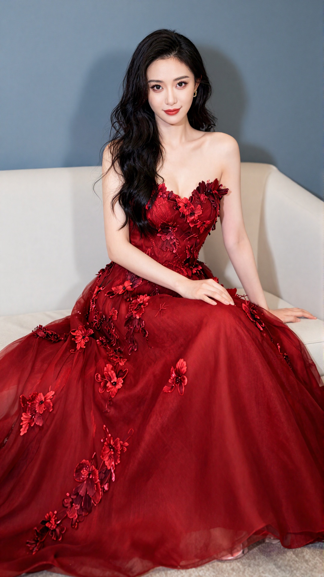 Photograph of an East Asian woman with long,  wavy black hair and fair skin,  sitting on a white couch against a blue-gray...