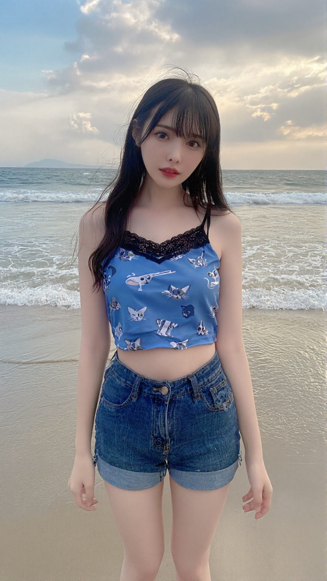 A photo-realistic shoot from a frontal camera angle about a young woman standing on a beach during sunset,  wearing a blue...
