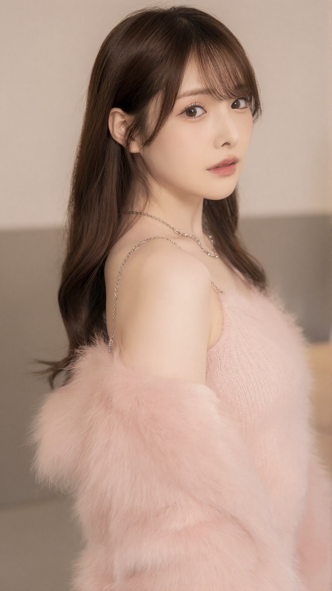 A photo-realistic shoot from a profile camera angle about a young woman with long brown hair wearing a pink fur coat and a...