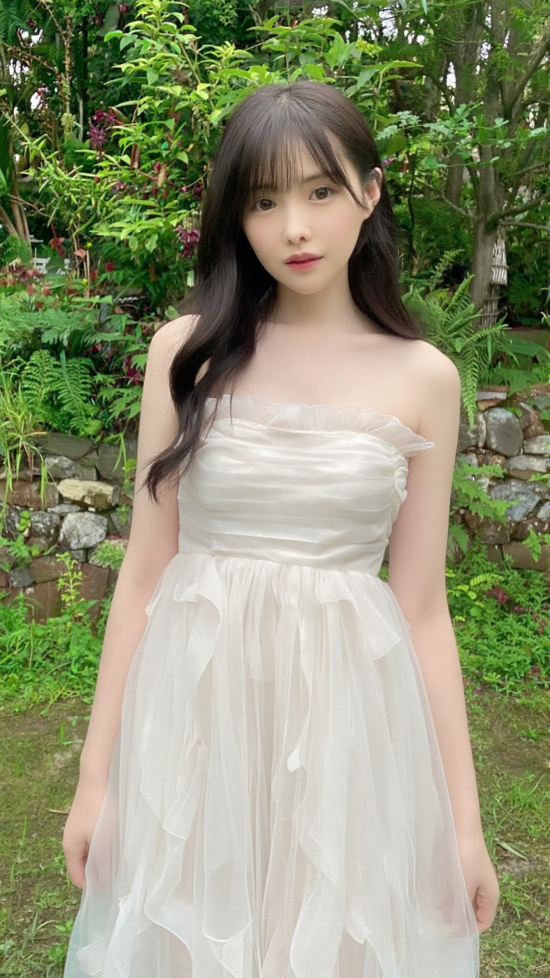 A photo-realistic shoot from a front camera angle about a young woman standing in a lush green garden,  wearing a white st...