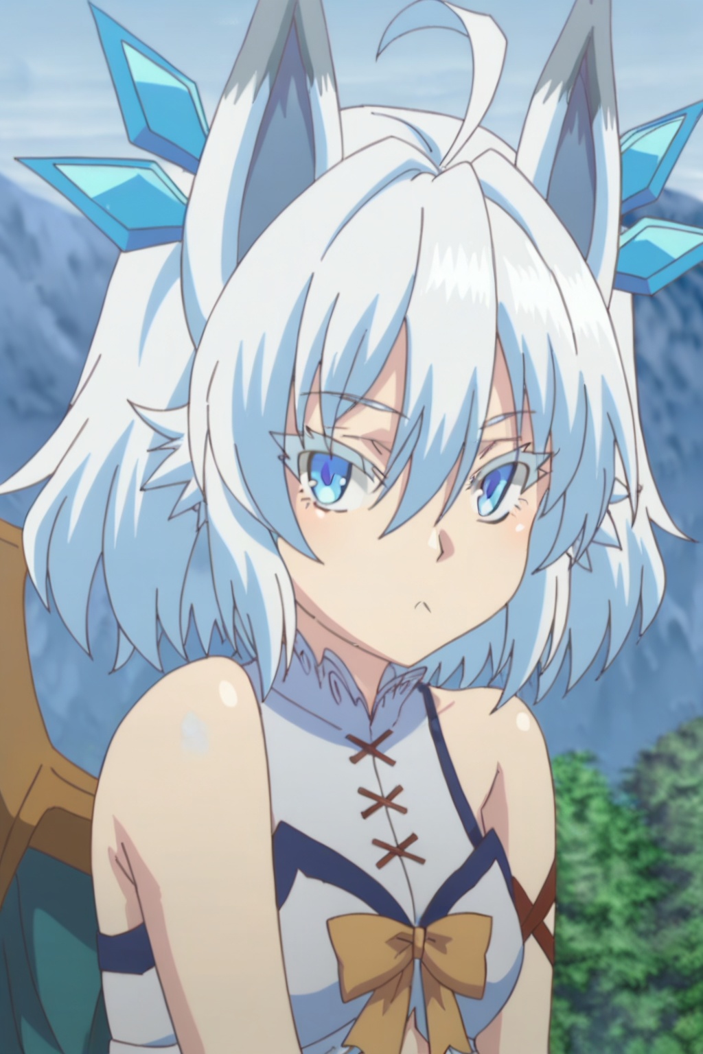 1girl, solo, looking at viewer, short hair, blue eyes, animal ears, hair between eyes, bare shoulders, closed mouth, upper body, white hair, outdoors, wings, :<, colored eyelashes,midriff