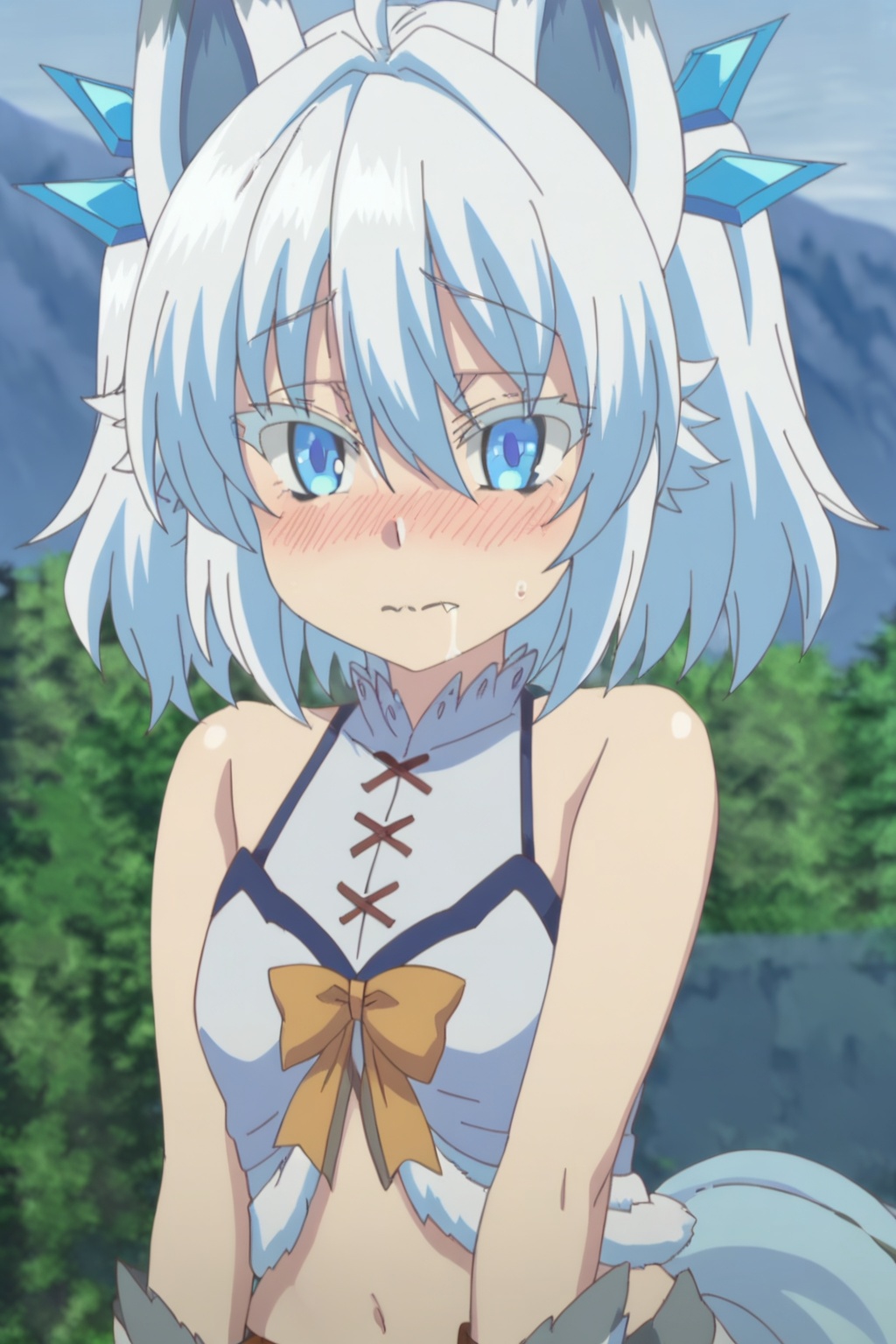 1girl, solo, looking at viewer, short hair, blue eyes, animal ears, hair between eyes, bare shoulders, closed mouth, upper body, white hair, outdoors, wings, :<, colored eyelashes,midriff,,open the mouth,, nose blush , ,tail,drooling,wavy mouth,fang