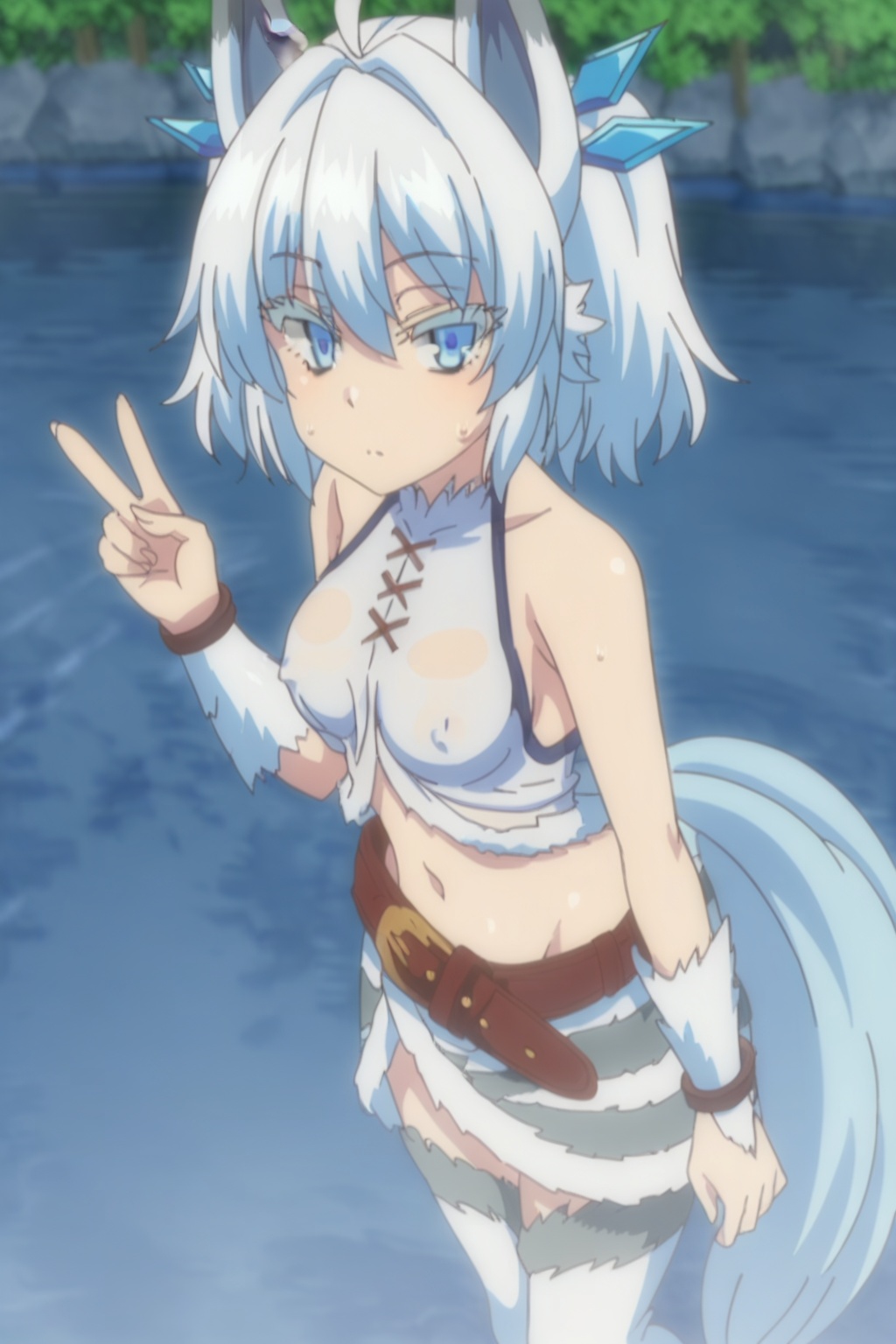 1girl,solo,short hair,blue eyes,animal ears,white hair,tail,,,(navel:1.2),(profile:0.8),belt,Thin legs,slender waist,skirt,medium breasts,looking at viewer,projecting nipples,stockings,midriff,from above,slender waist,sweatdrop,expressionless eyes,expressionless,Outdoor,trees,riverside,hot spring,blush,(v:1.2),