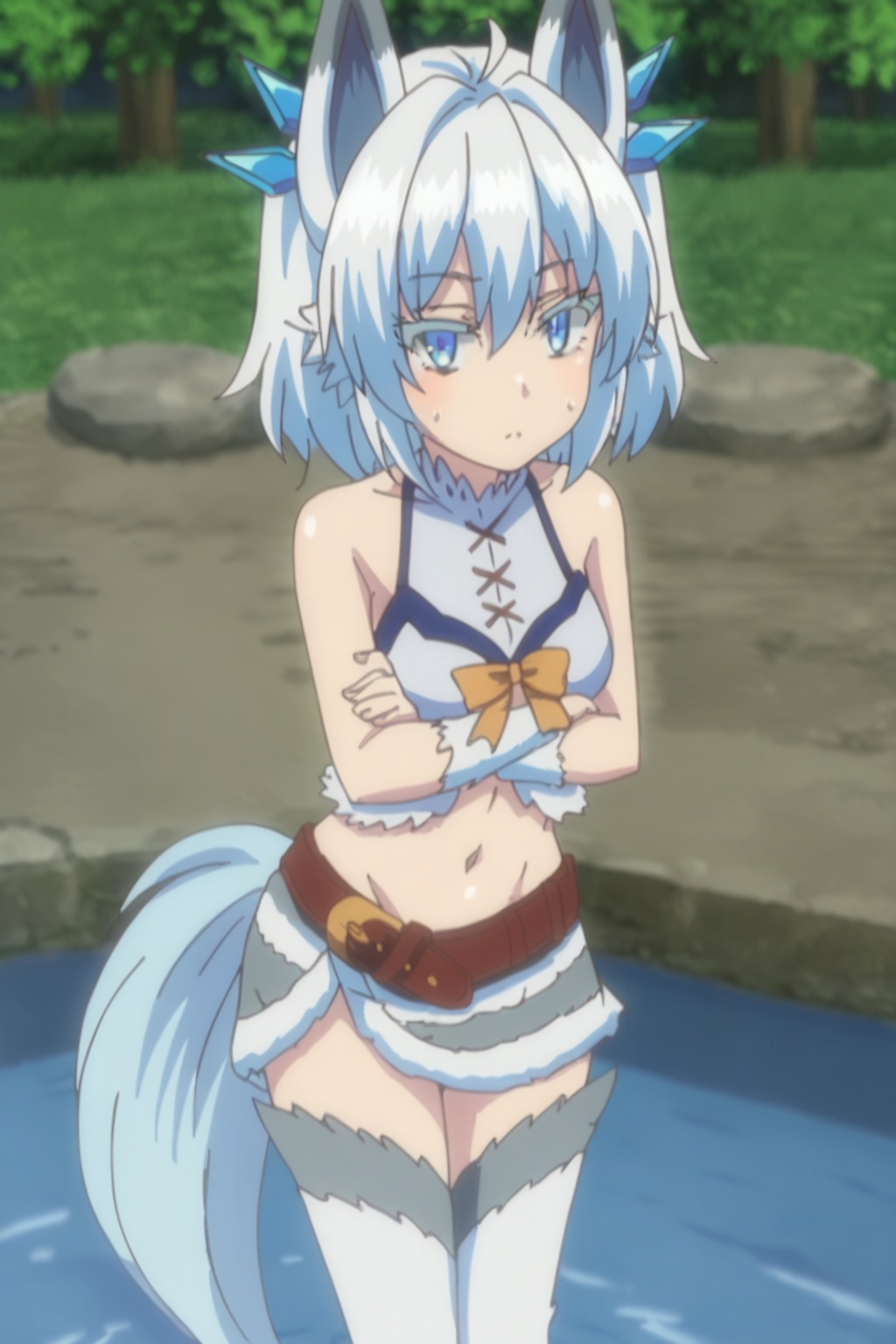 1girl,solo,short hair,blue eyes,animal ears,white hair,tail,,,(navel:1.2),(profile:0.8),belt,Thin legs,slender waist,skirt,medium breasts,looking at viewer,stockings,midriff,from above,slender waist,sweatdrop,expressionless eyes,expressionless,Outdoor,trees,riverside,hot spring,blush,,arms_crossed,, nose blush , 