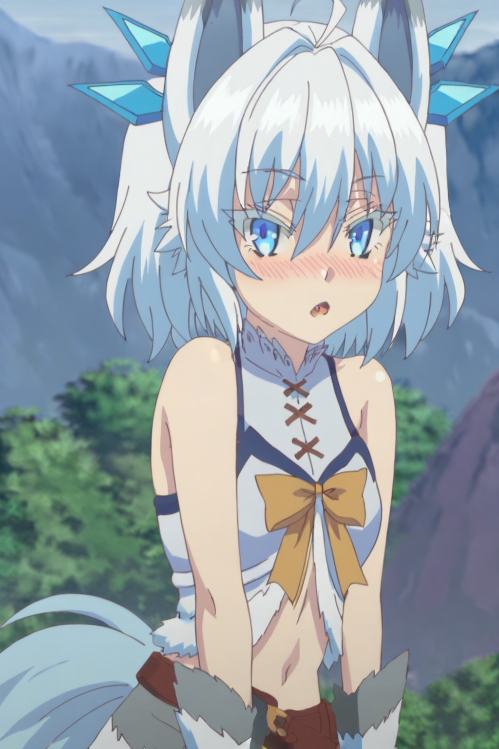 1girl, solo, looking at viewer, short hair, blue eyes, animal ears, hair between eyes, bare shoulders, closed mouth, upper body, white hair, outdoors, wings, :<, colored eyelashes,midriff,fang,open the mouth,, nose blush , tail,slender waist