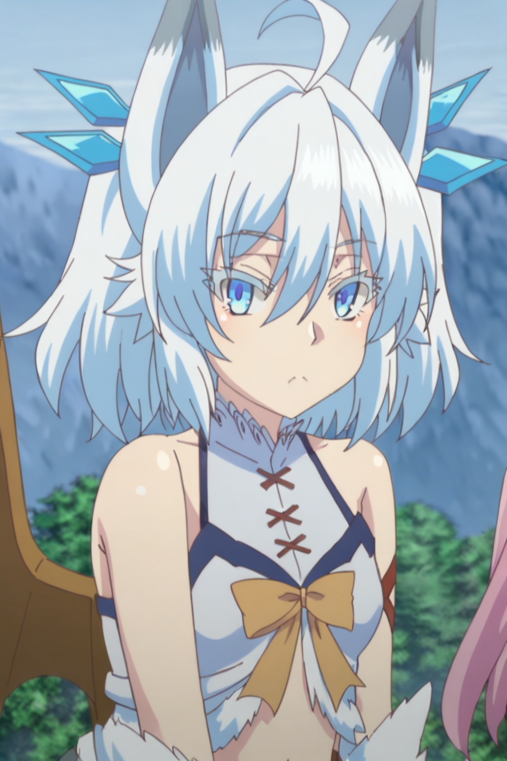 1girl, solo, looking at viewer, short hair, blue eyes, animal ears, hair between eyes, bare shoulders, closed mouth, upper body, white hair, outdoors, wings, :<, colored eyelashes,midriff