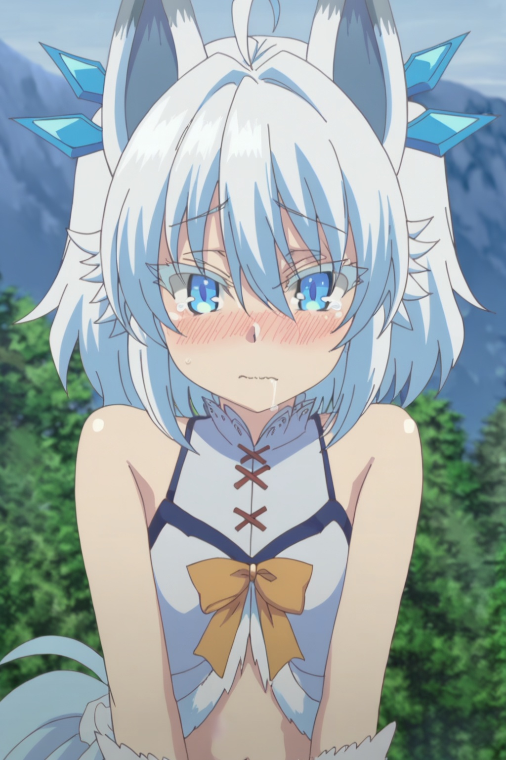 1girl, solo, looking at viewer, short hair, blue eyes, animal ears, hair between eyes, bare shoulders, closed mouth, upper body, white hair, outdoors, wings, :<, colored eyelashes,midriff,,open the mouth,, nose blush , ,tail,drooling,wavy mouth,tear