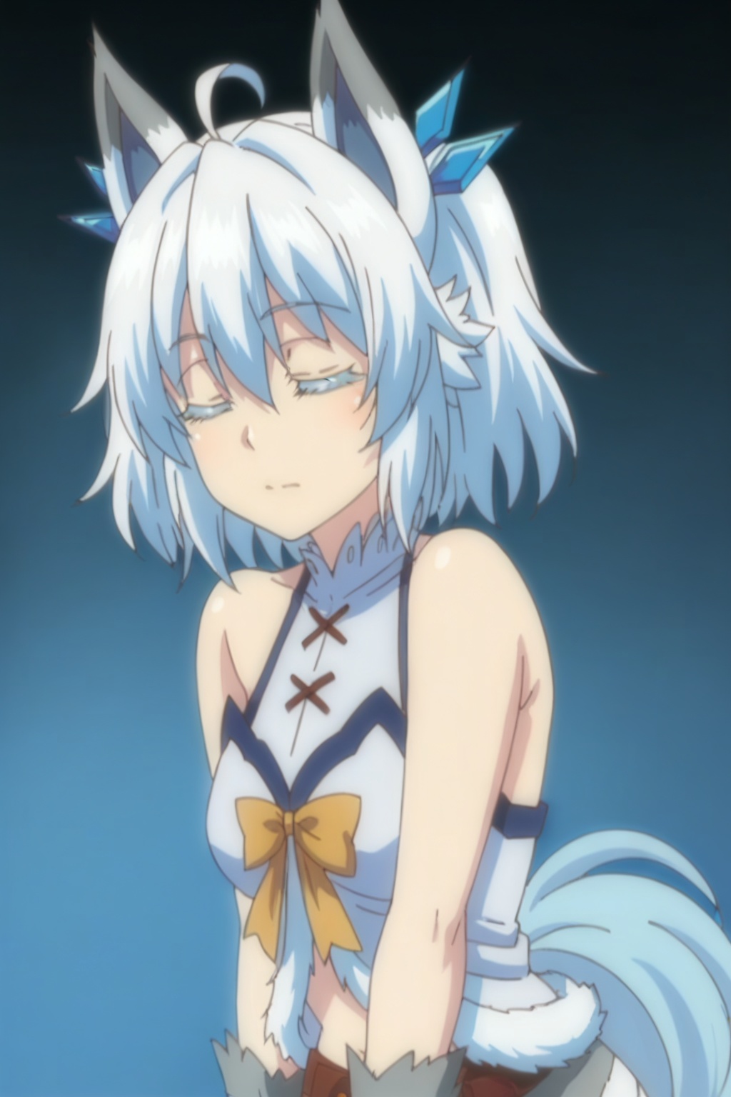 1girl, solo, short hair, animal ears, bare shoulders, tail, closed eyes, white hair,blue eyes,white hair,
