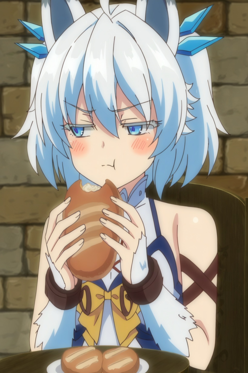 1girl, solo, blush, short hair, blue eyes, holding, animal ears, bare shoulders, upper body, white hair, food, chair, eating, cuffs, :t, bread, brick wall