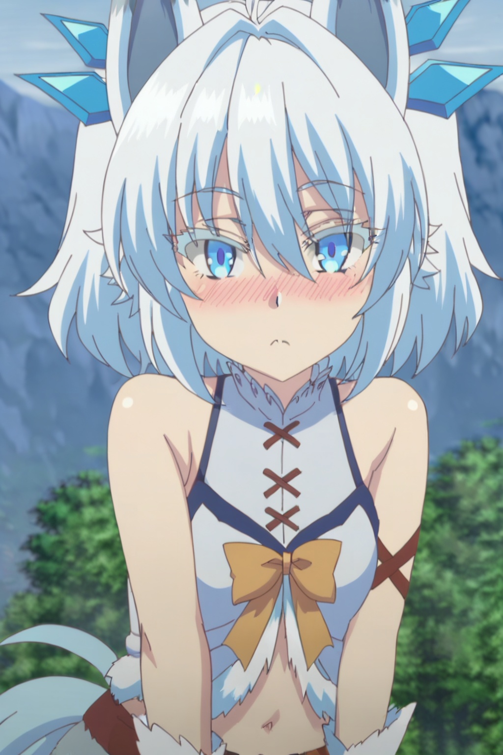 1girl, solo, looking at viewer, short hair, blue eyes, animal ears, hair between eyes, bare shoulders, closed mouth, upper body, white hair, outdoors, wings, :<, colored eyelashes,midriff,,open the mouth,, nose blush , ,tail
