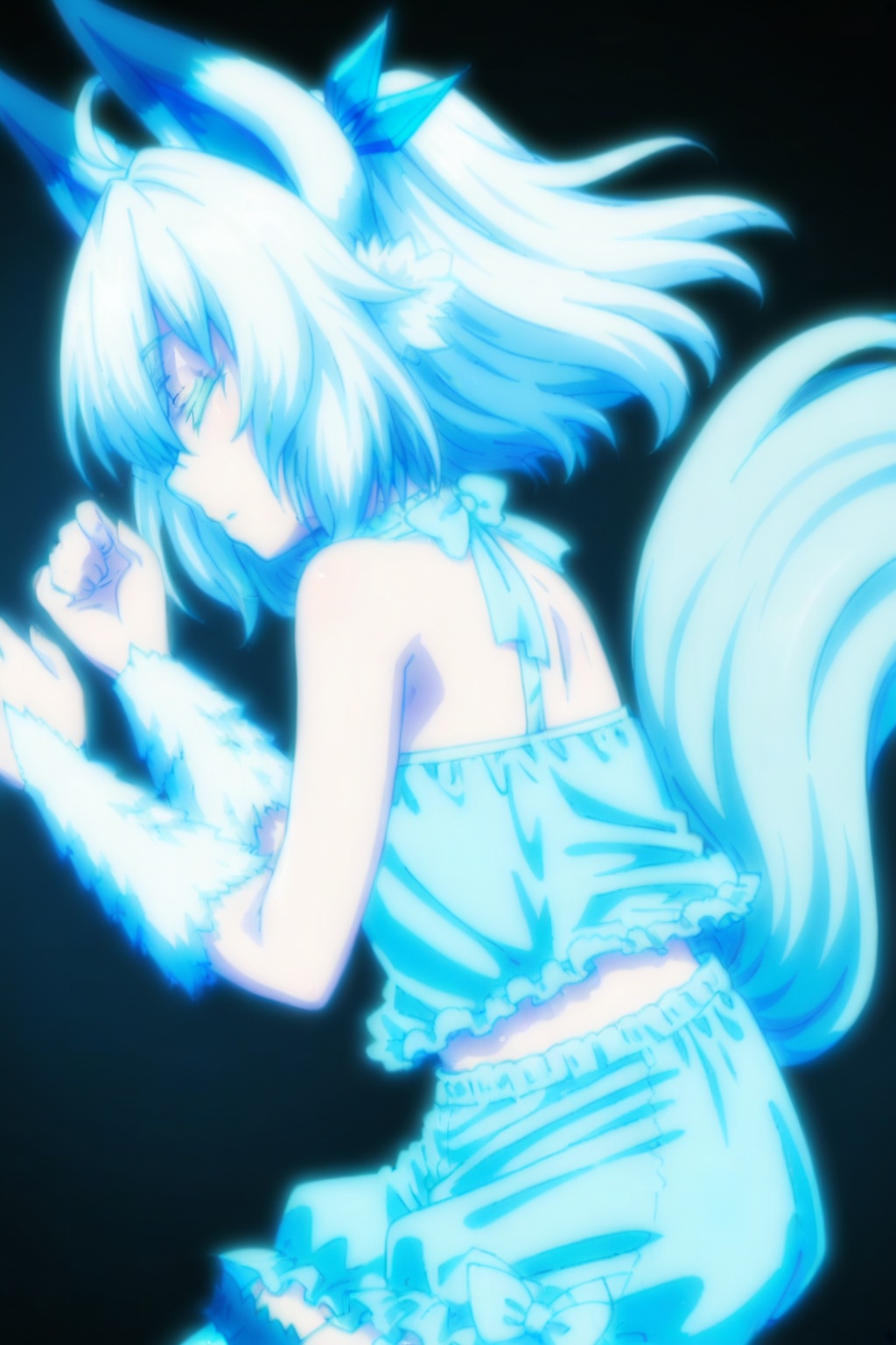 1girl, solo, short hair, animal ears, bare shoulders, underwear, tail, closed eyes, ahoge, white hair, horns, from side, profile, black background, bloomers