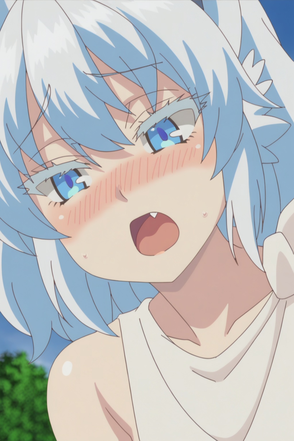 1girl, blush, open mouth, blue eyes, 1boy, blue hair, sky, day, fang, colored eyelashes, implied sex