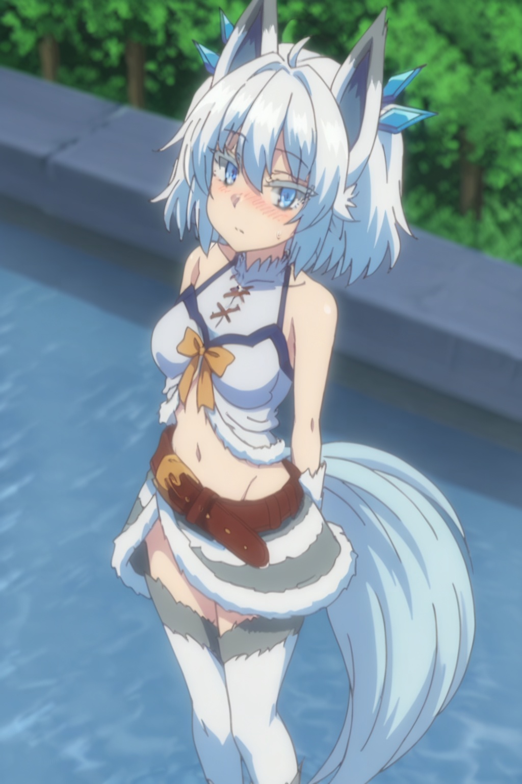1girl,solo,short hair,blue eyes,animal ears,white hair,tail,,,(navel:1.2),(profile:0.8),belt,Thin legs,slender waist,skirt,medium breasts,looking at viewer,stockings,midriff,from above,slender waist,sweatdrop,expressionless eyes,expressionless,Outdoor,trees,riverside,hot spring,blush,,arms_crossed,, nose blush , 