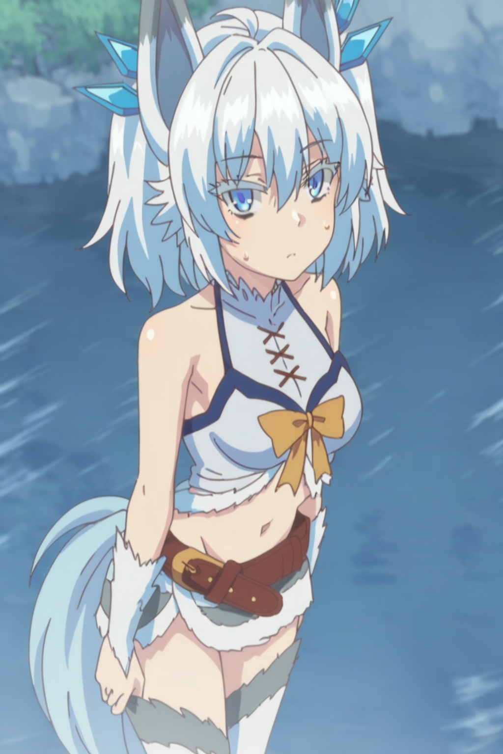 1girl,solo,short hair,blue eyes,animal ears,white hair,tail,,,(navel:1.2),(profile:0.8),belt,Thin legs,slender waist,skirt,medium breasts,looking at viewer,stockings,midriff,from above,slender waist,sweatdrop,expressionless eyes,expressionless,Outdoor,trees,riverside,hot spring,blush,(v:1.2),
