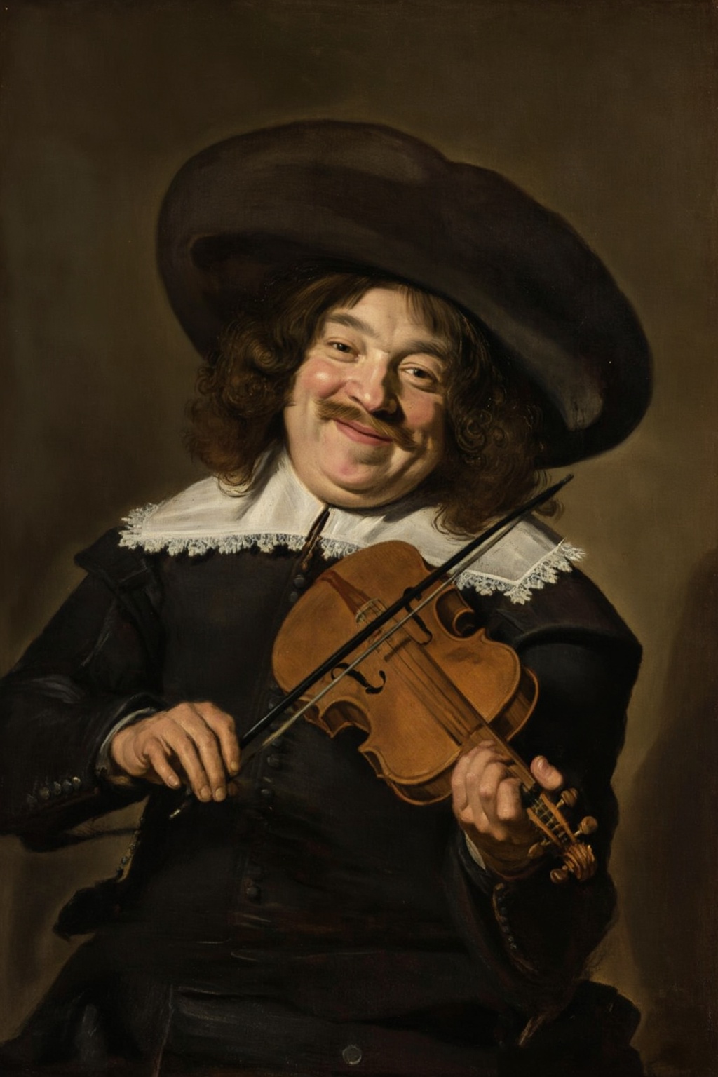 franshals6z25 painting. Man with a plump face and mustache smiles broadly,  looking at the viewer. He wears a very wide-br...