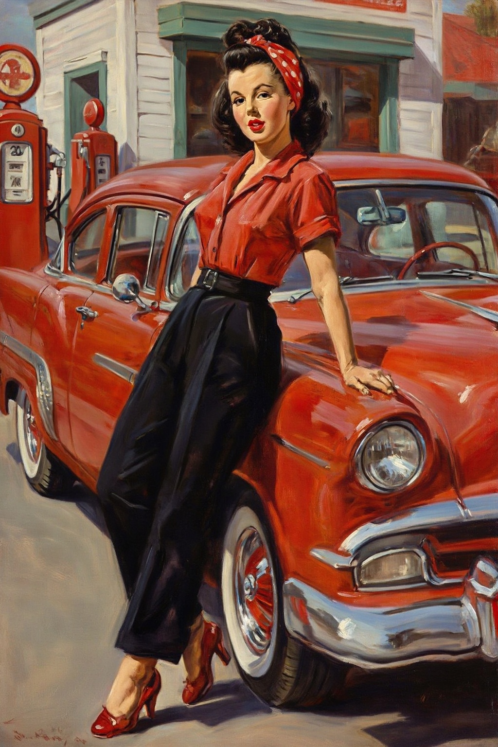 franshals6z25 painting. Young 1950s woman with a vintage pin-up aesthetic leaning against the front fender of a classic re...