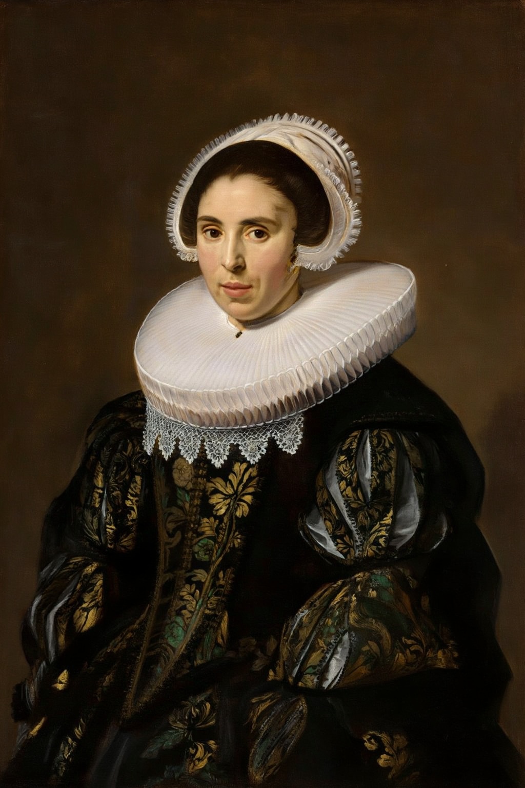 franshals6z25 painting. Woman with an a calm,  direct expression. She has dark hair,  neatly styled under a white cap with...