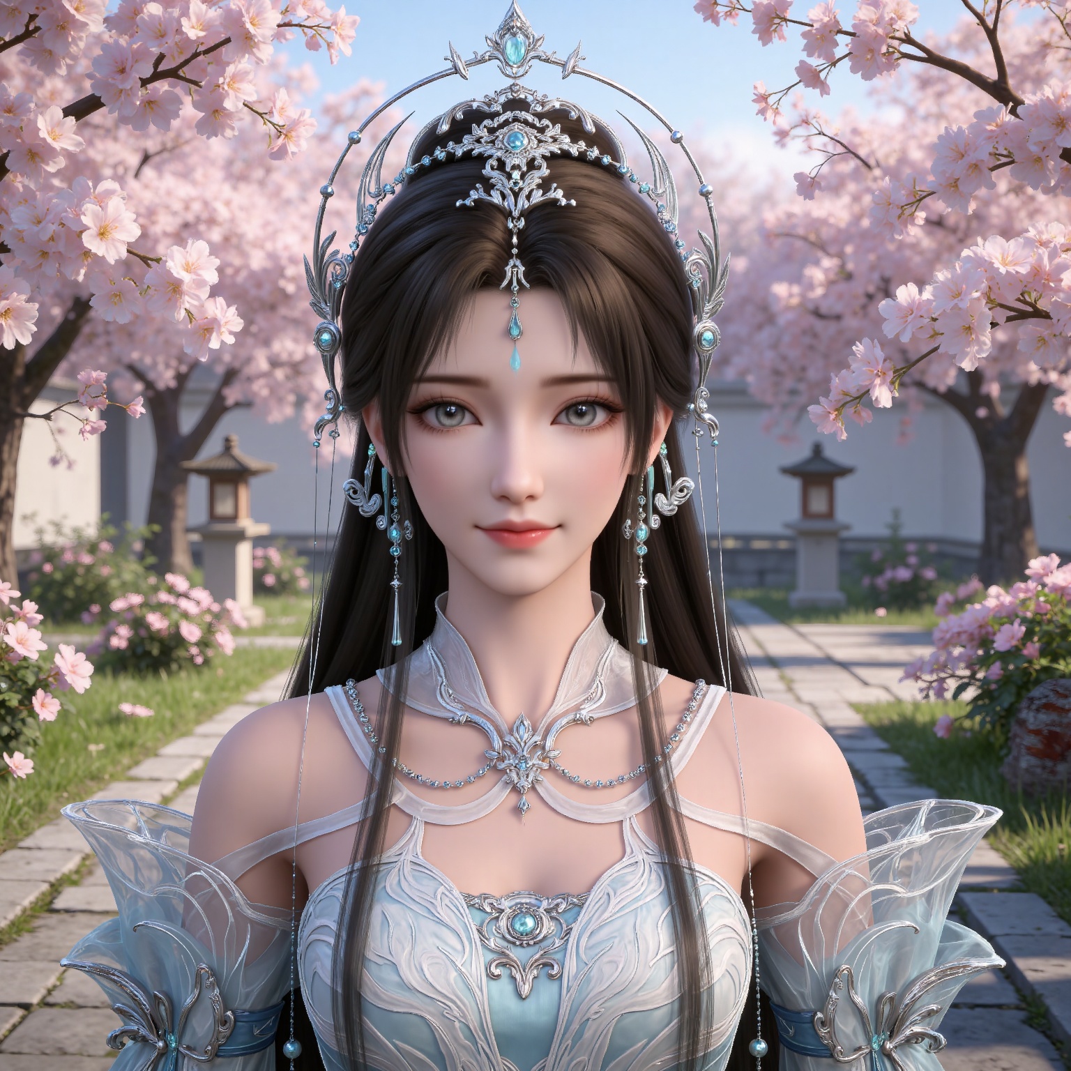 masterpiece,high quality,tall,game cg,highres,(white_skin:0.6),(shiny_skin:0.6),(realistic:1.1),looking_at_viewer,lvjing,
black hair, long hair, grey eyes, forehead mark, forehead_jewel, hair_ornament, tiara, beads, earrings, necklace, qingyi white dress, detached_sleeves, long_sleeves, upper body,day,nature,flowers,smile,