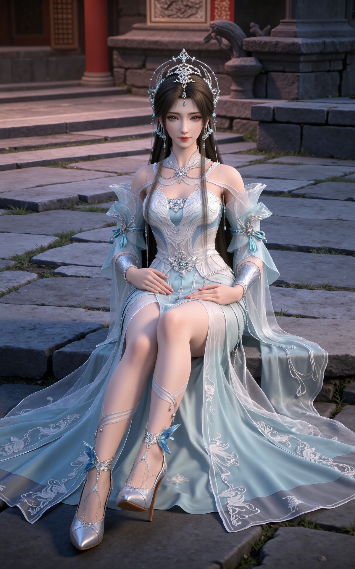 masterpiece,high quality,tall,game cg,highres,(white_skin:0.6),(shiny_skin:0.6),(realistic:1.1),looking_at_viewer,lvjing,
black hair, long hair, grey eyes, forehead mark, forehead_jewel, hair_ornament, tiara, beads, earrings, necklace, qingyi white dress, detached_sleeves, long_sleeves, high_heels,,full body,sitting,sitting on stone,crossed legs,legs,long legs,