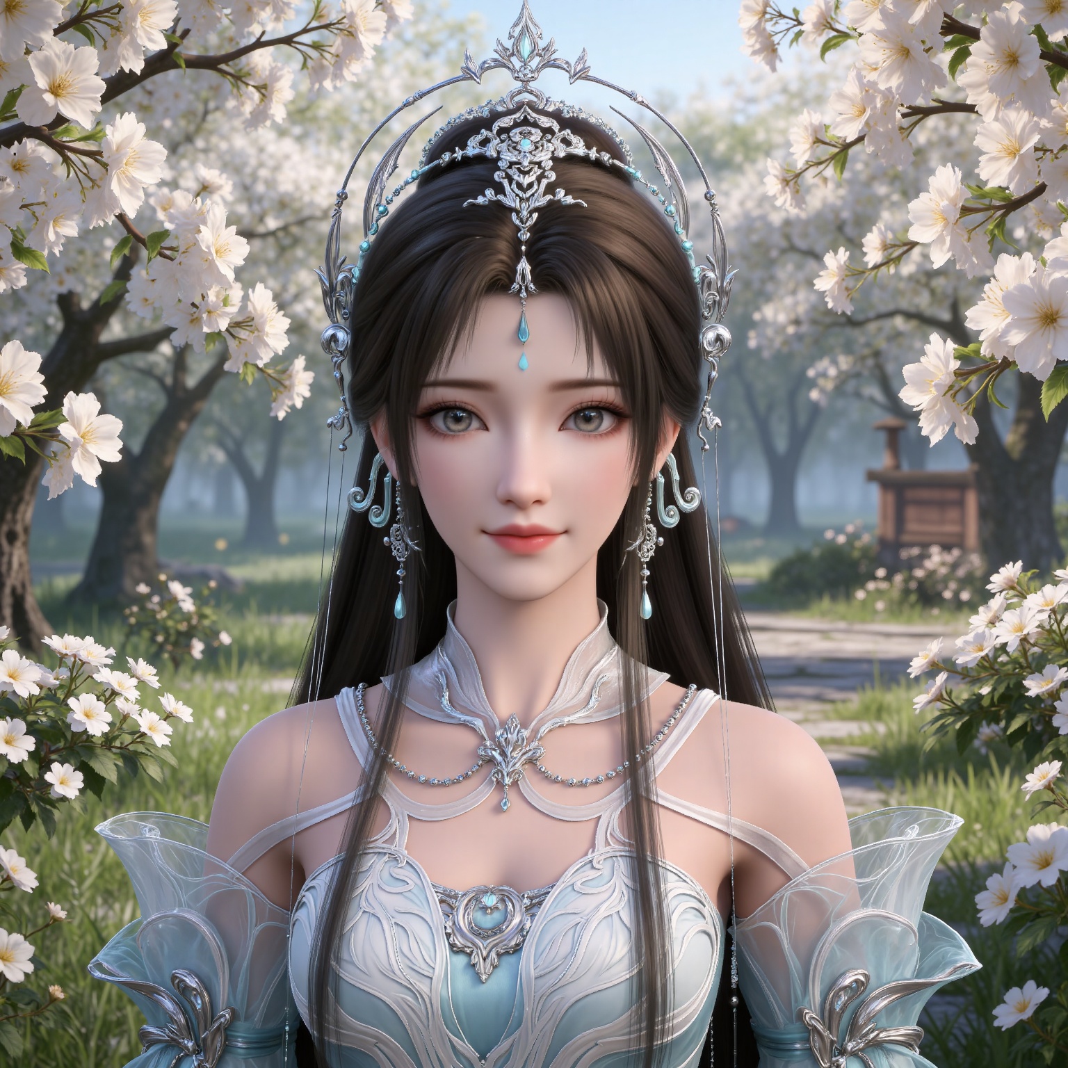 masterpiece,high quality,tall,game cg,highres,(white_skin:0.6),(shiny_skin:0.6),(realistic:1.1),looking_at_viewer,lvjing,
black hair, long hair, grey eyes, forehead mark, forehead_jewel, hair_ornament, tiara, beads, earrings, necklace, qingyi white dress, detached_sleeves, long_sleeves, upper body,day,nature,flowers,smile,
