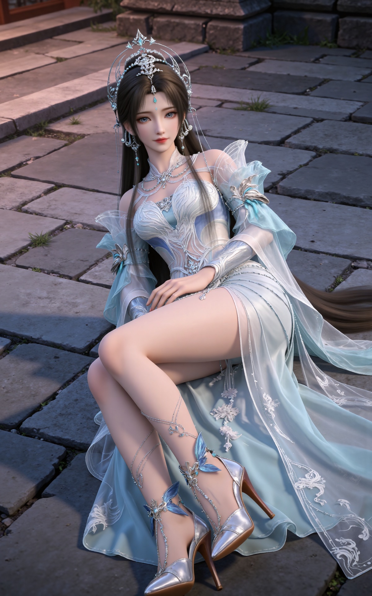 masterpiece,high quality,tall,game cg,highres,(white_skin:0.6),(shiny_skin:0.6),(realistic:1.1),looking_at_viewer,lvjing,
black hair, long hair, grey eyes, forehead mark, forehead_jewel, hair_ornament, tiara, beads, earrings, necklace, qingyi white dress, detached_sleeves, long_sleeves, high_heels,,full body,sitting,sitting on stone,crossed legs