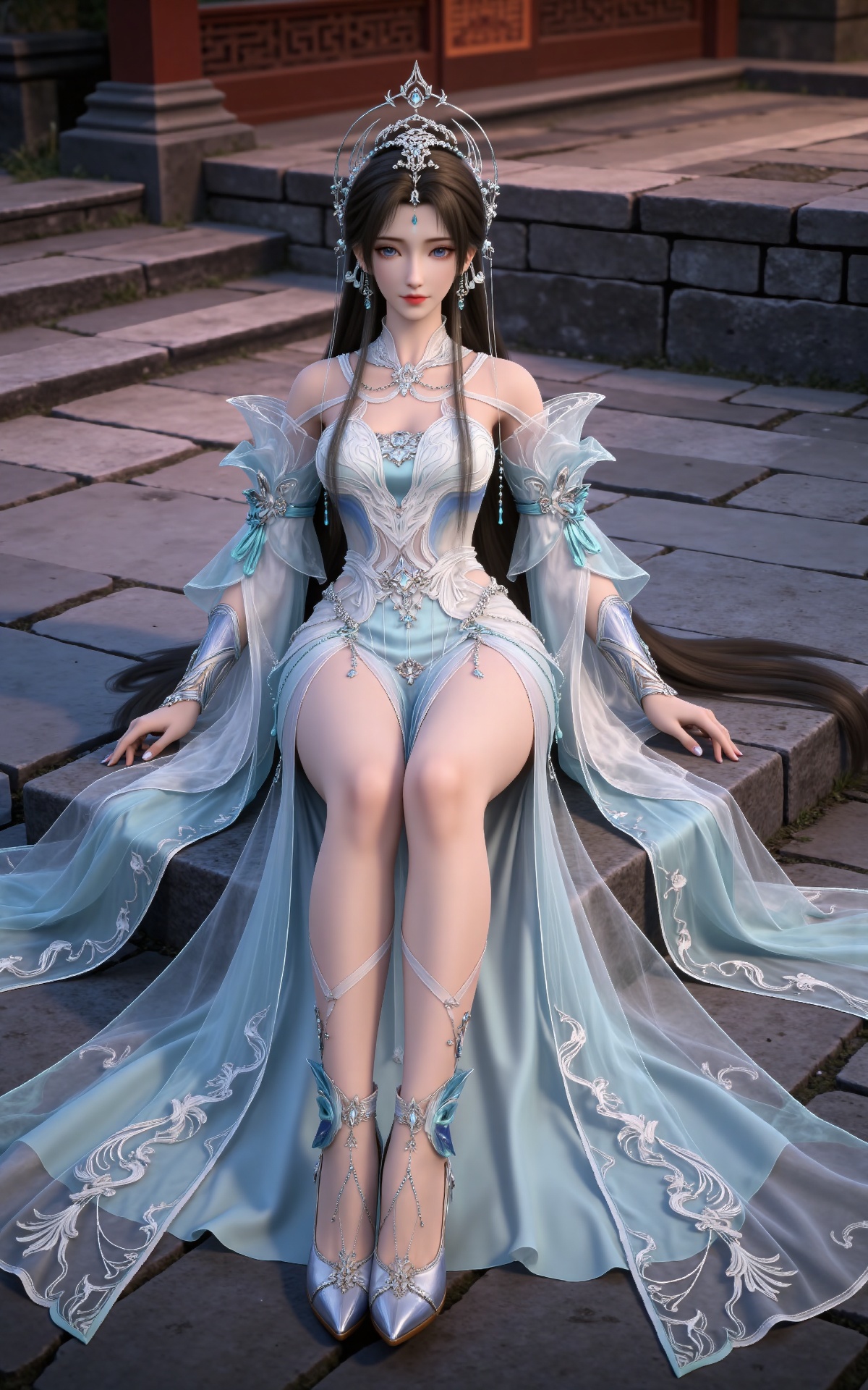 masterpiece,high quality,tall,game cg,highres,(white_skin:0.6),(shiny_skin:0.6),(realistic:1.1),looking_at_viewer,lvjing,
black hair, long hair, grey eyes, forehead mark, forehead_jewel, hair_ornament, tiara, beads, earrings, necklace, qingyi white dress, detached_sleeves, long_sleeves, high_heels,,full body,sitting,sitting on stone,crossed legs,legs,long legs,